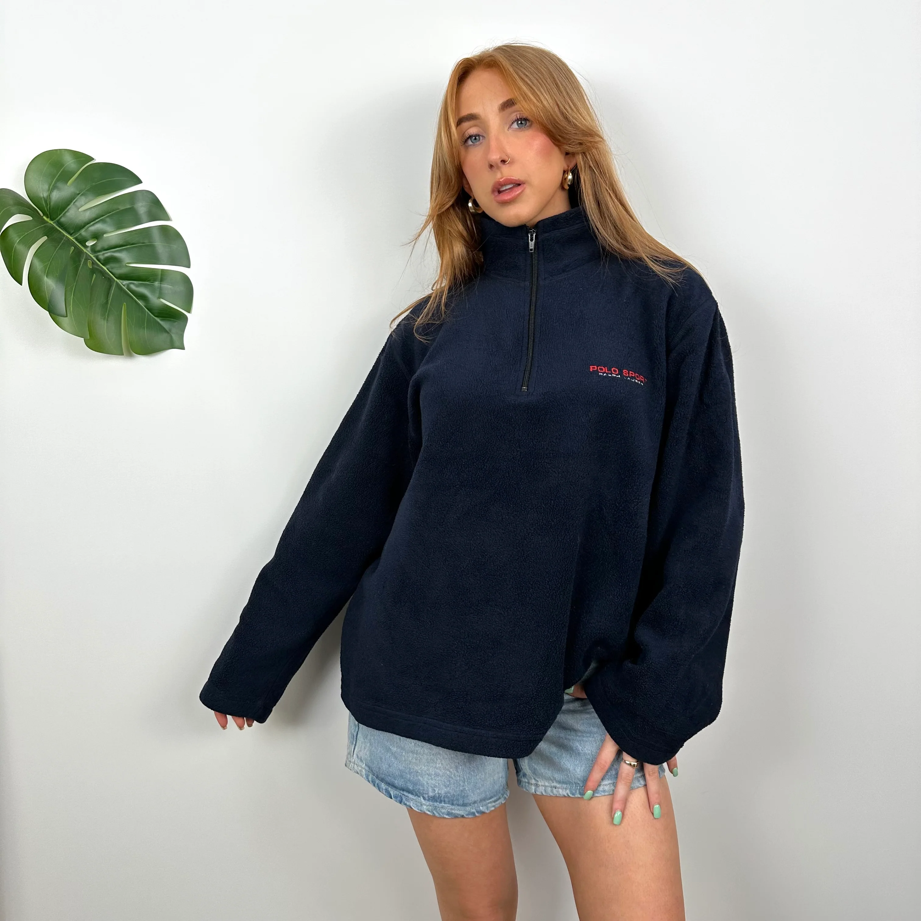 Polo Ralph Lauren Sport RARE Navy Embroidered Spell Out Teddy Bear Fleece Quarter Zip Sweatshirt (M) - Image 2