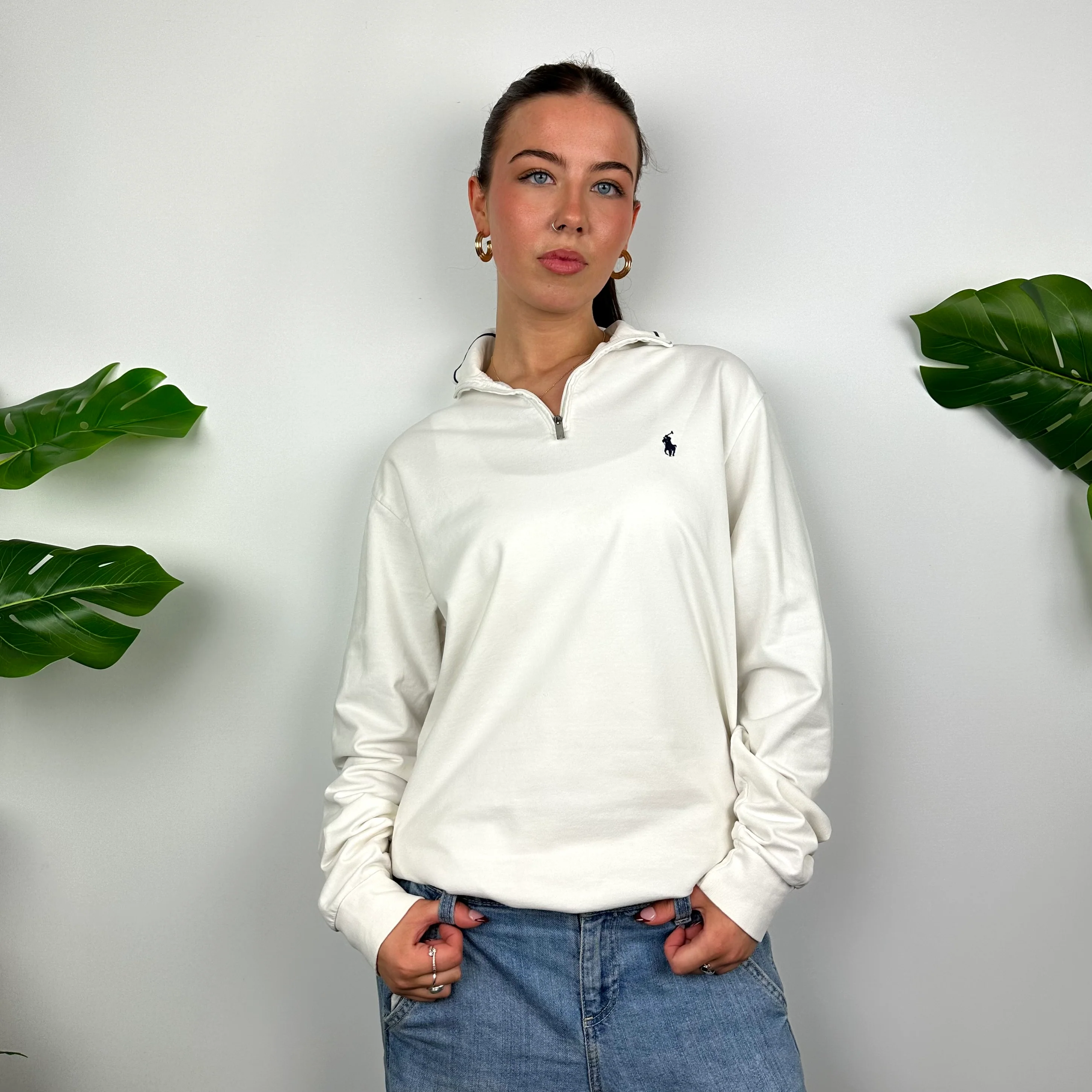 Polo Ralph Lauren White Embroidered Logo Quarter Zip Sweatshirt (S) - Image 2