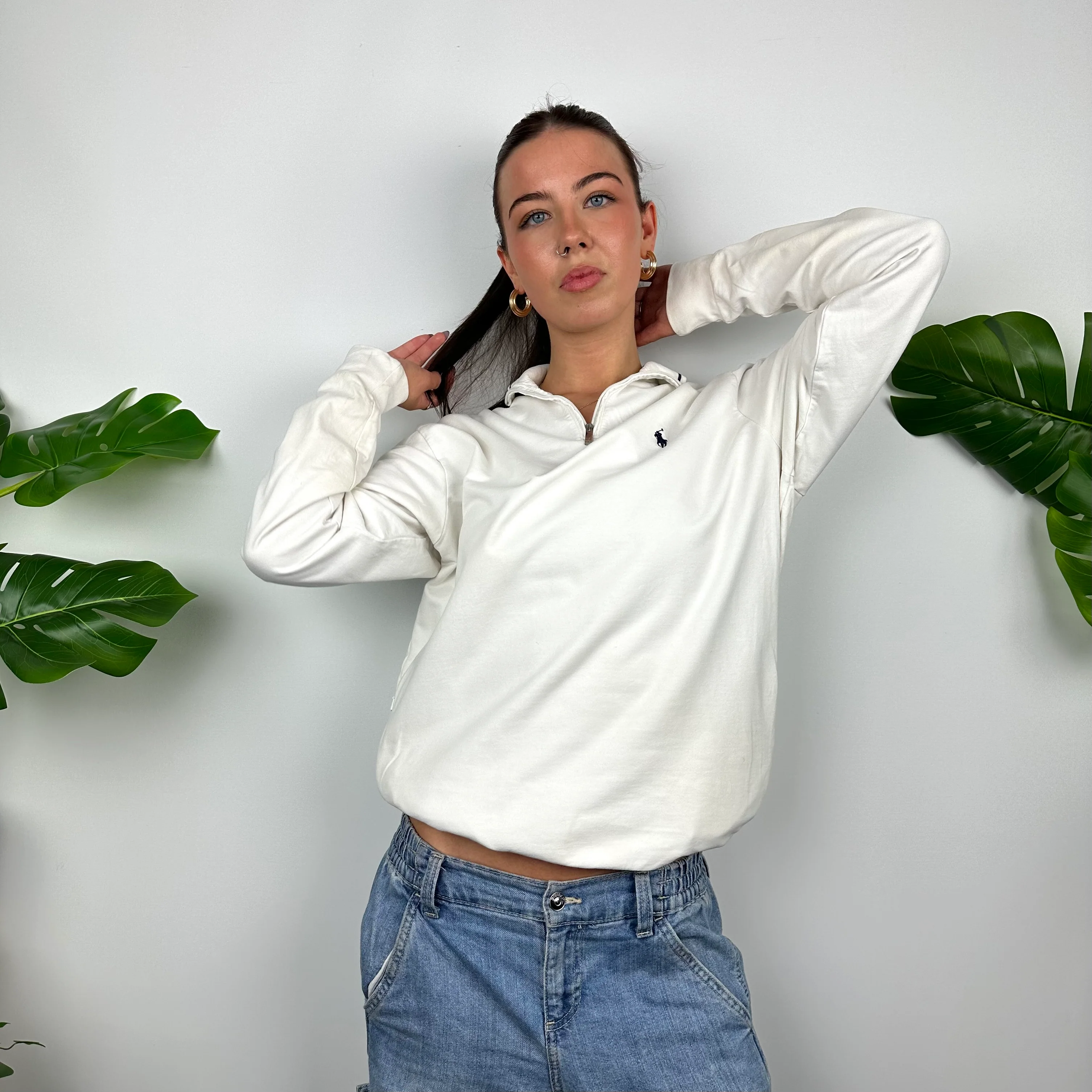 Polo Ralph Lauren White Embroidered Logo Quarter Zip Sweatshirt (S) - Image 3