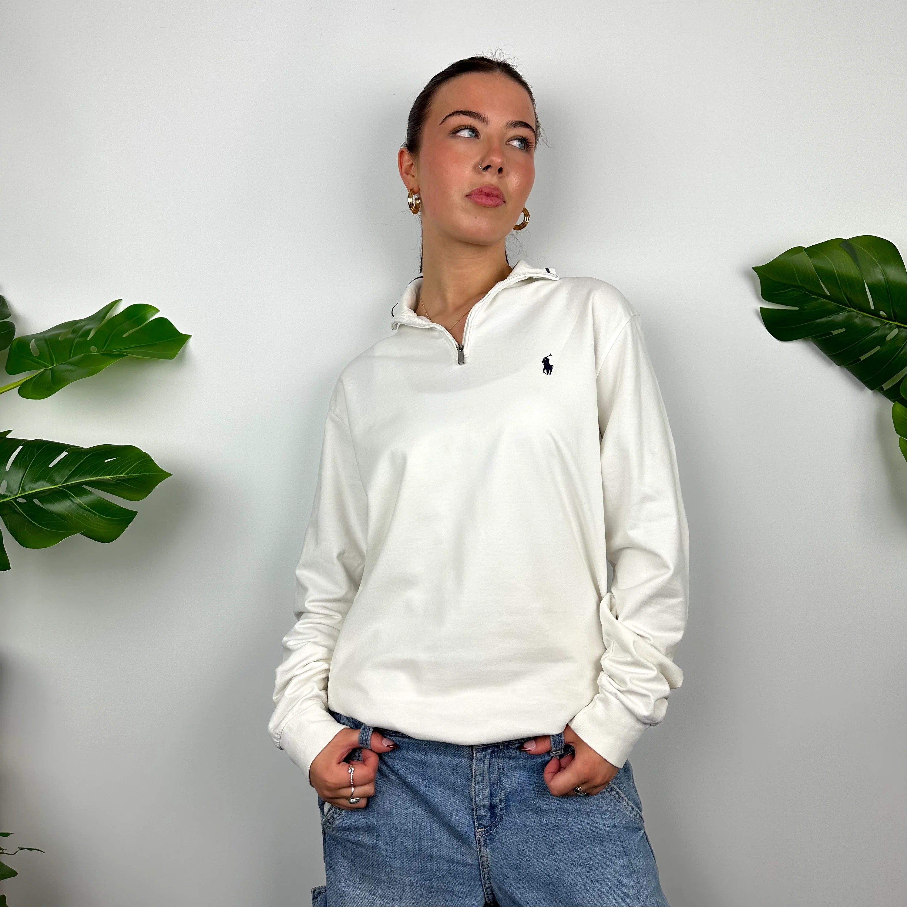 Polo Ralph Lauren White Embroidered Logo Quarter Zip Sweatshirt (S) - Image 4