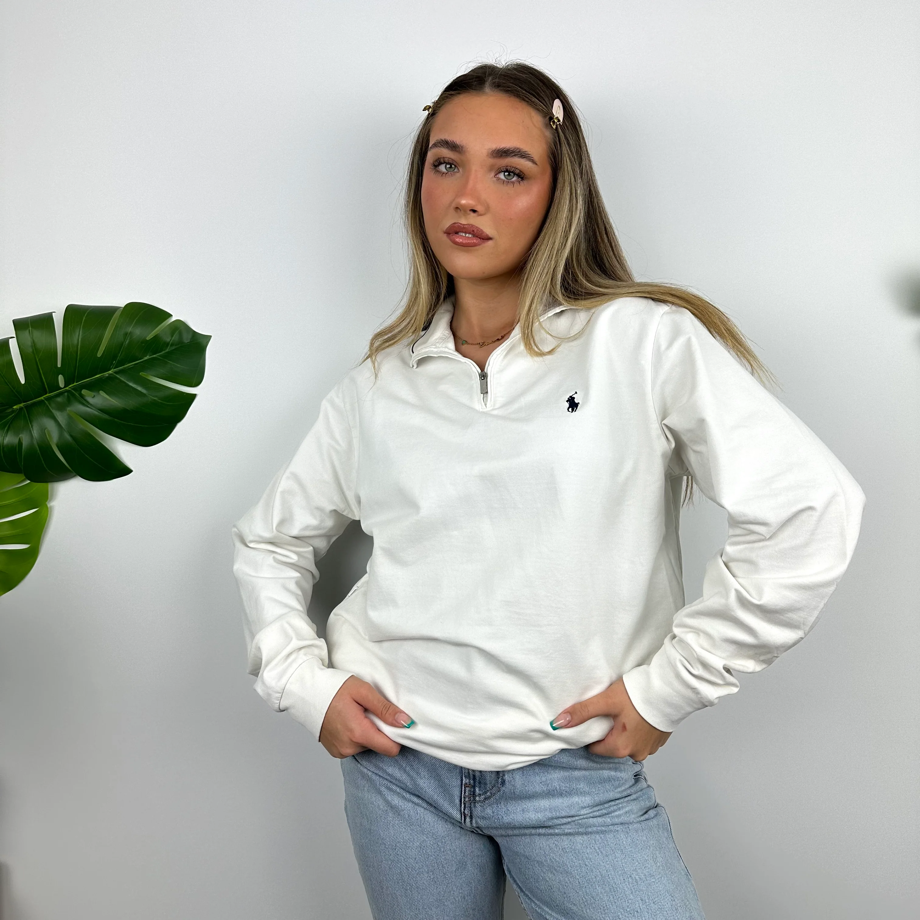 Polo Ralph Lauren White Embroidered Logo Quarter Zip Sweatshirt (S) - Image 3