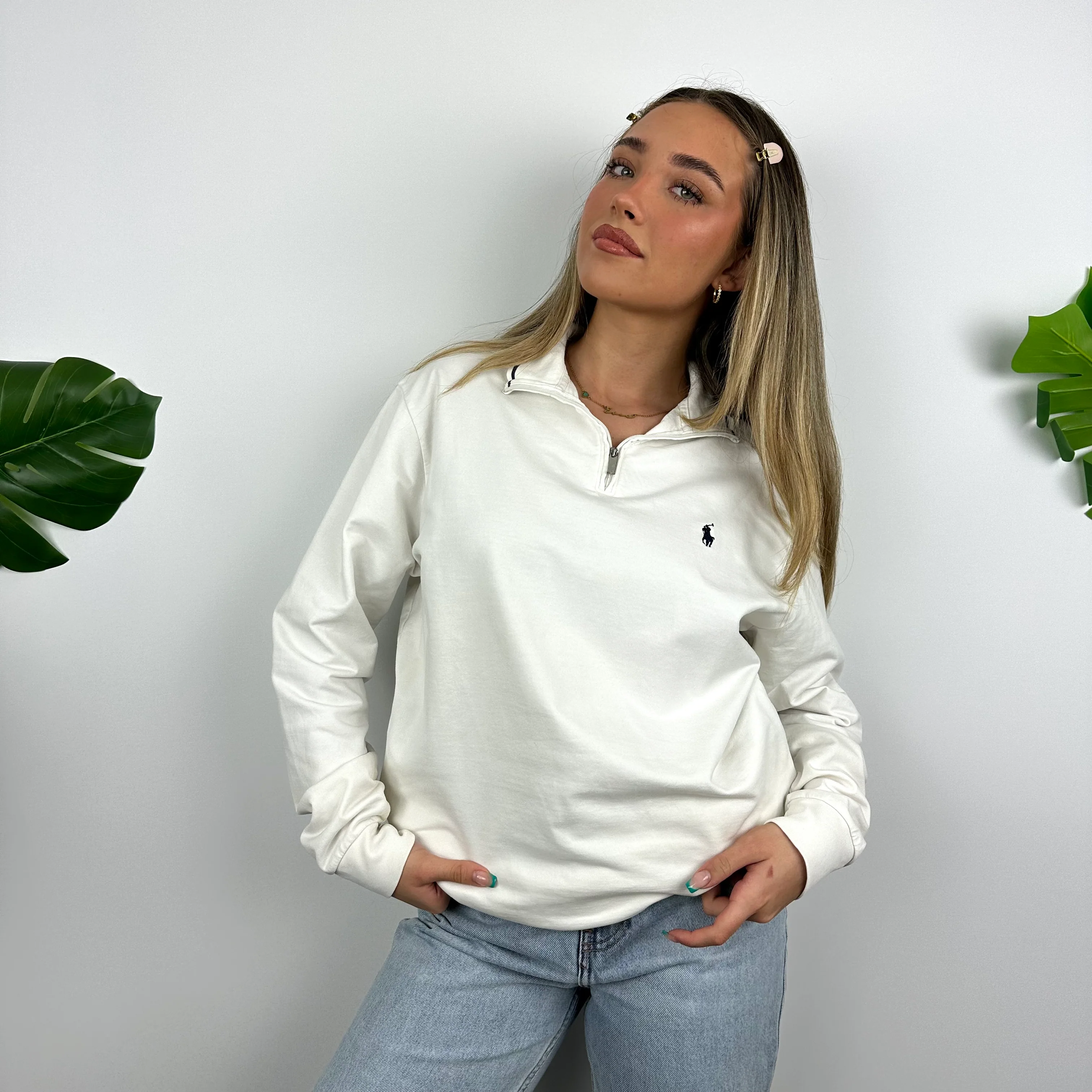 Polo Ralph Lauren White Embroidered Logo Quarter Zip Sweatshirt (S) - Image 4