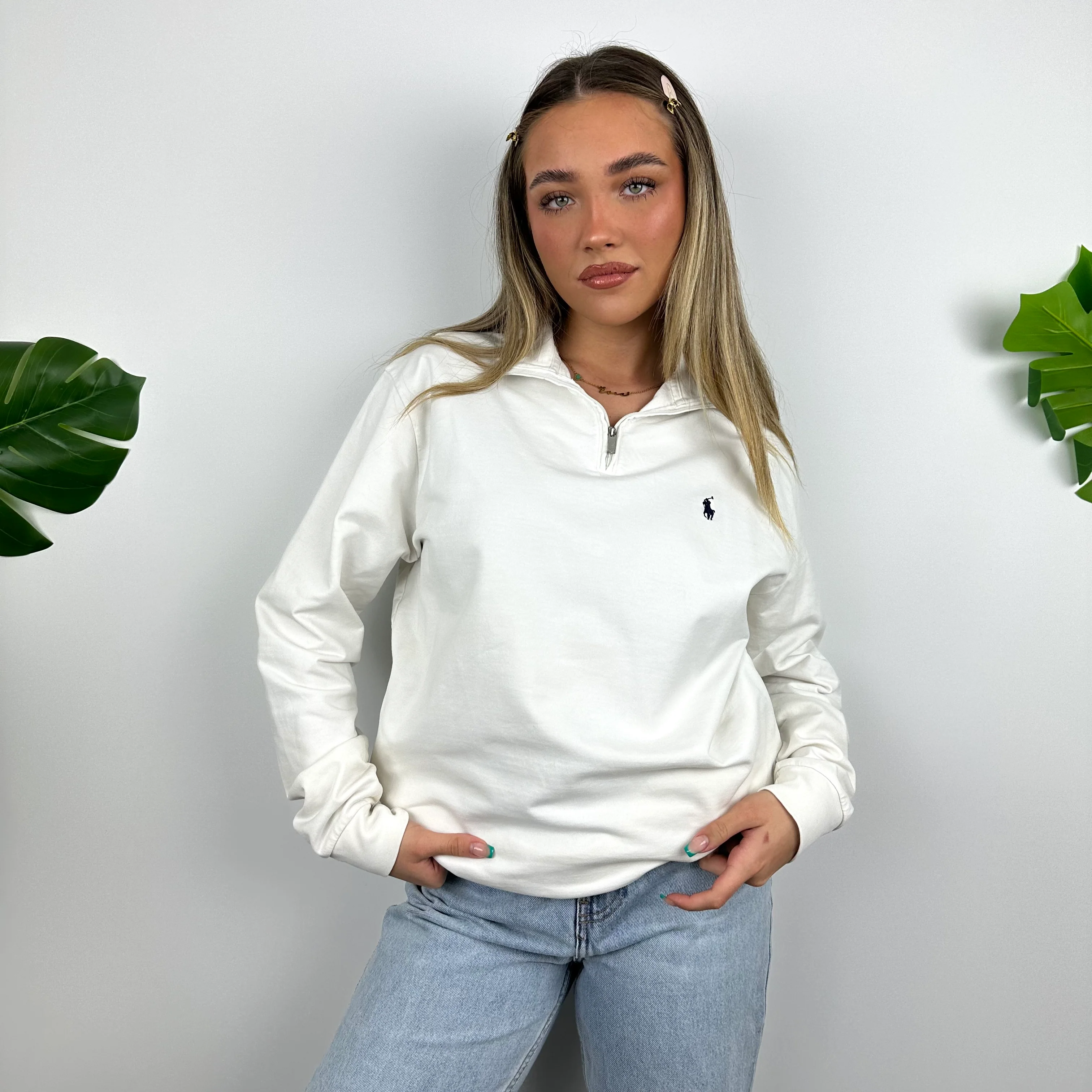 Polo Ralph Lauren White Embroidered Logo Quarter Zip Sweatshirt (S) - Image 5