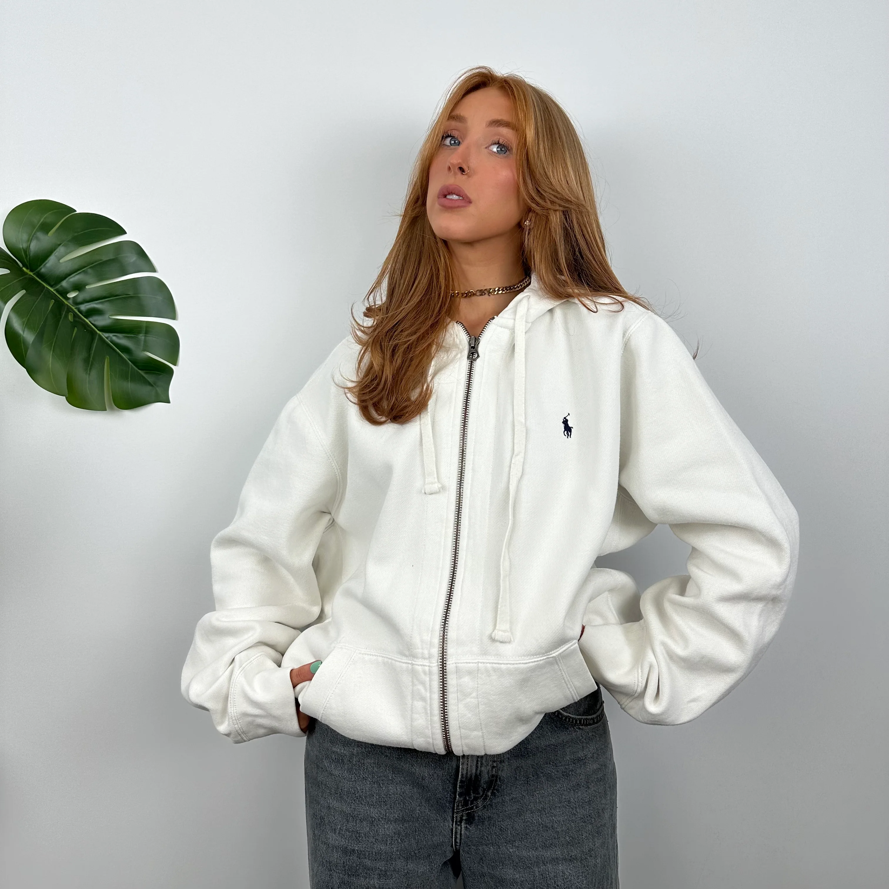 Polo Ralph Lauren White Embroidered Logo Zip Up Hoodie Jacket (L) - Image 3