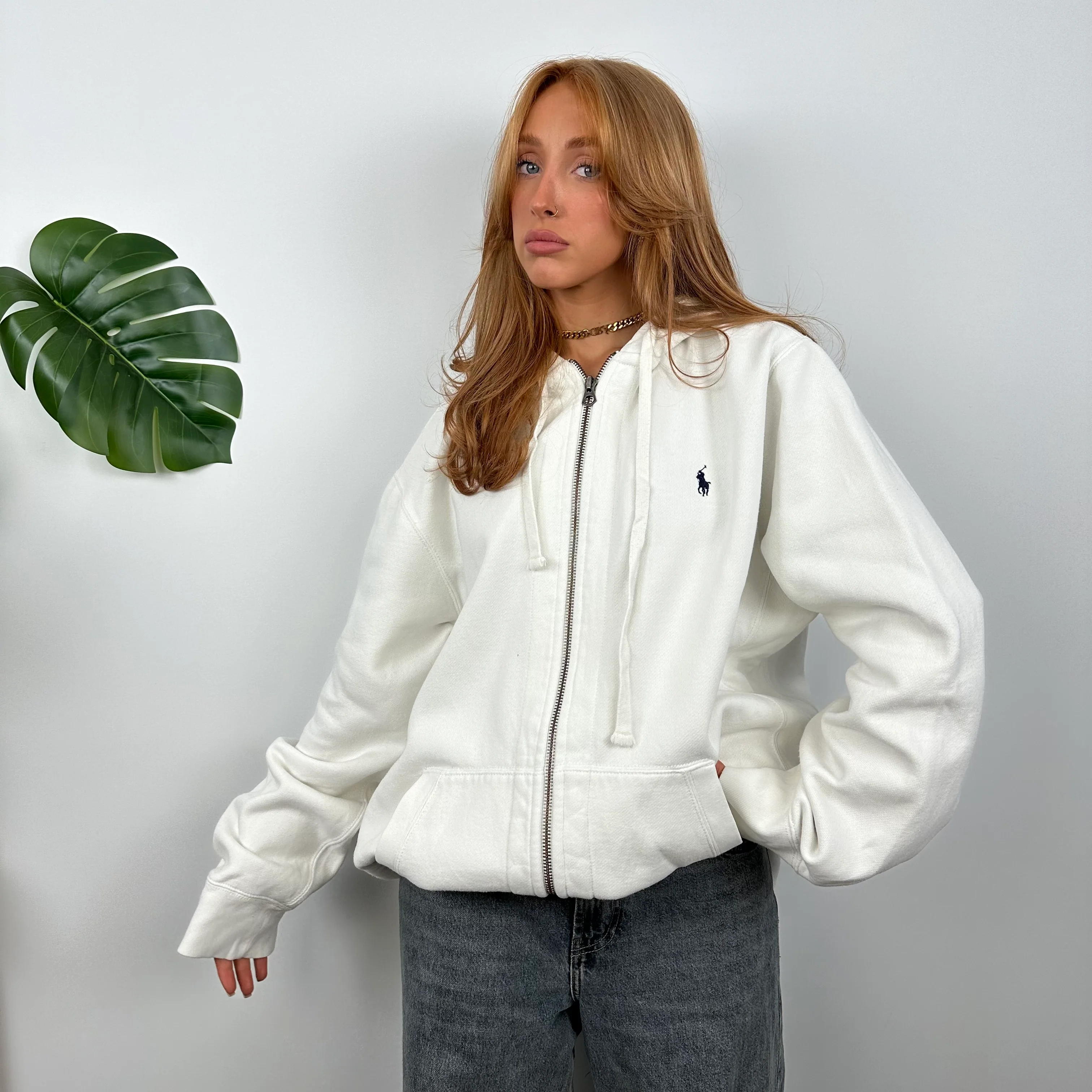 Polo Ralph Lauren White Embroidered Logo Zip Up Hoodie Jacket (L) - Image 5