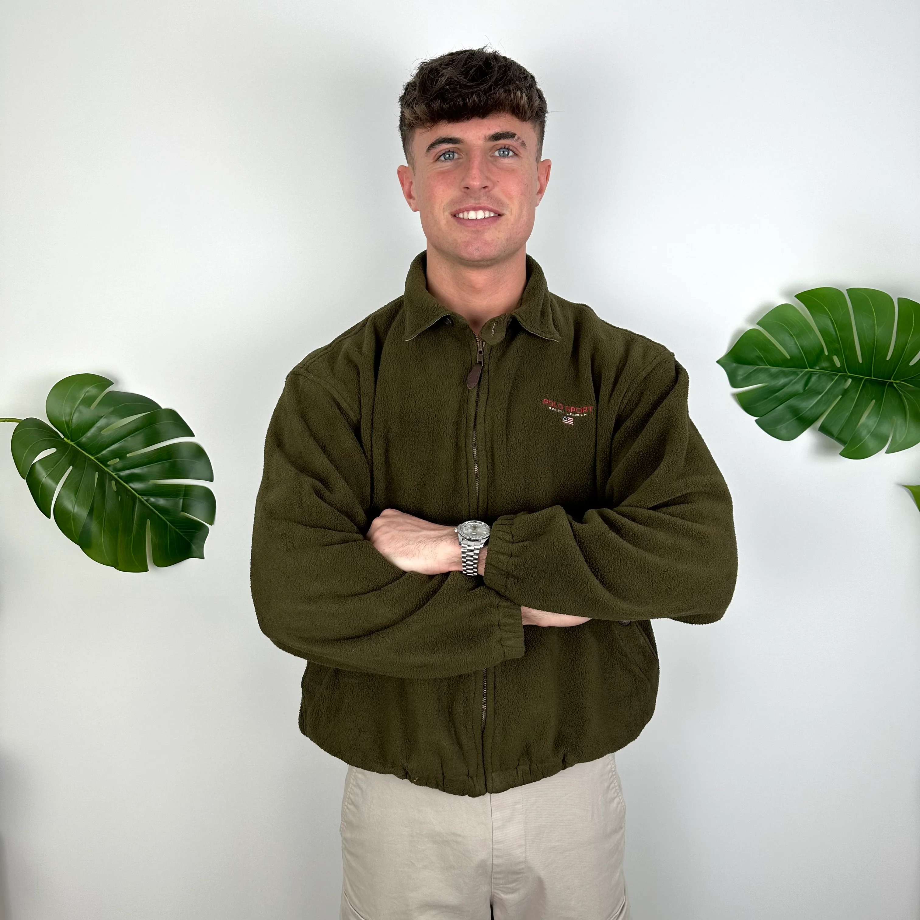 Polo Sport Ralph Lauren Khaki Green Embroidered Spell Out Teddy Bear Fleece Jacket (L) - Image 2