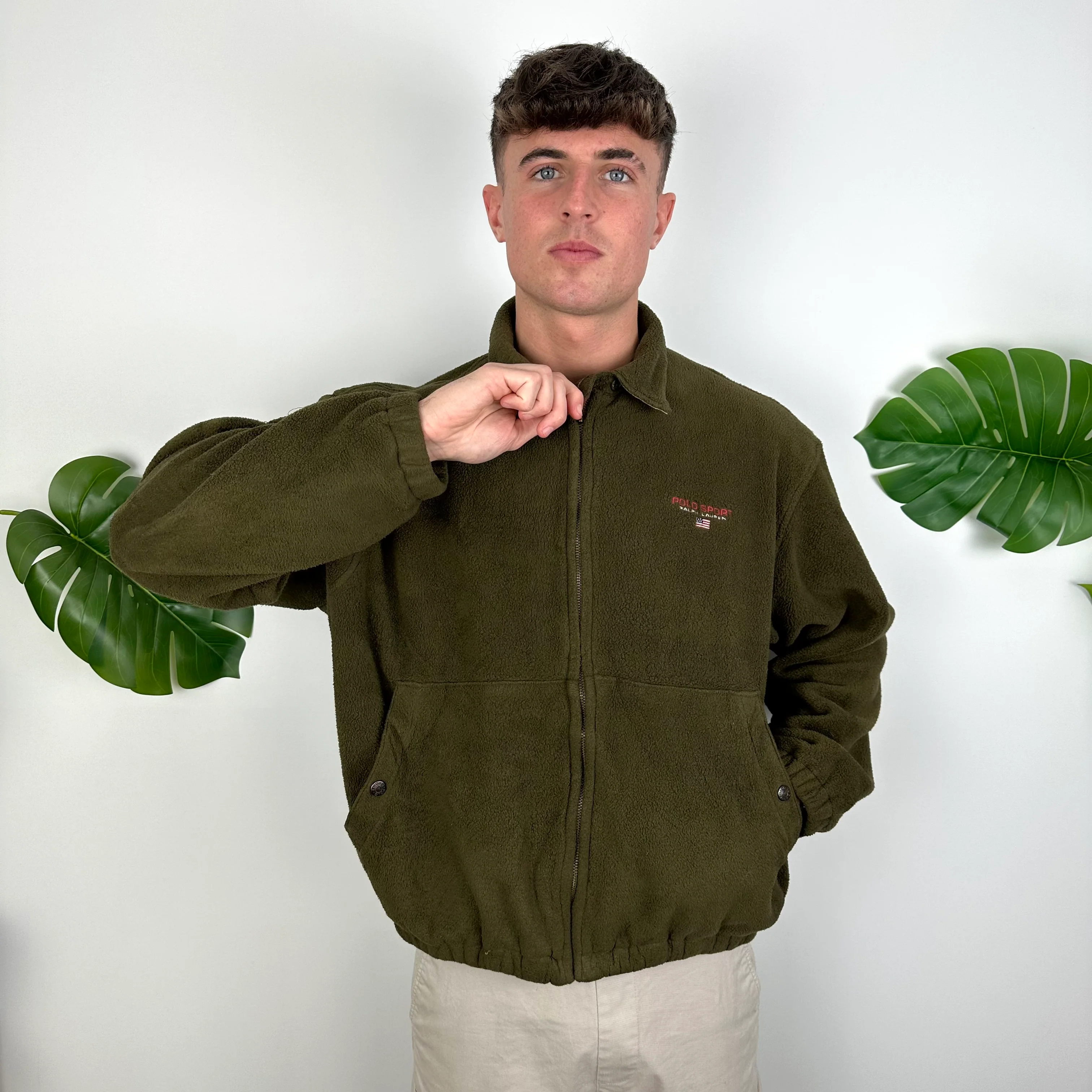 Polo Sport Ralph Lauren Khaki Green Embroidered Spell Out Teddy Bear Fleece Jacket (L) - Image 4