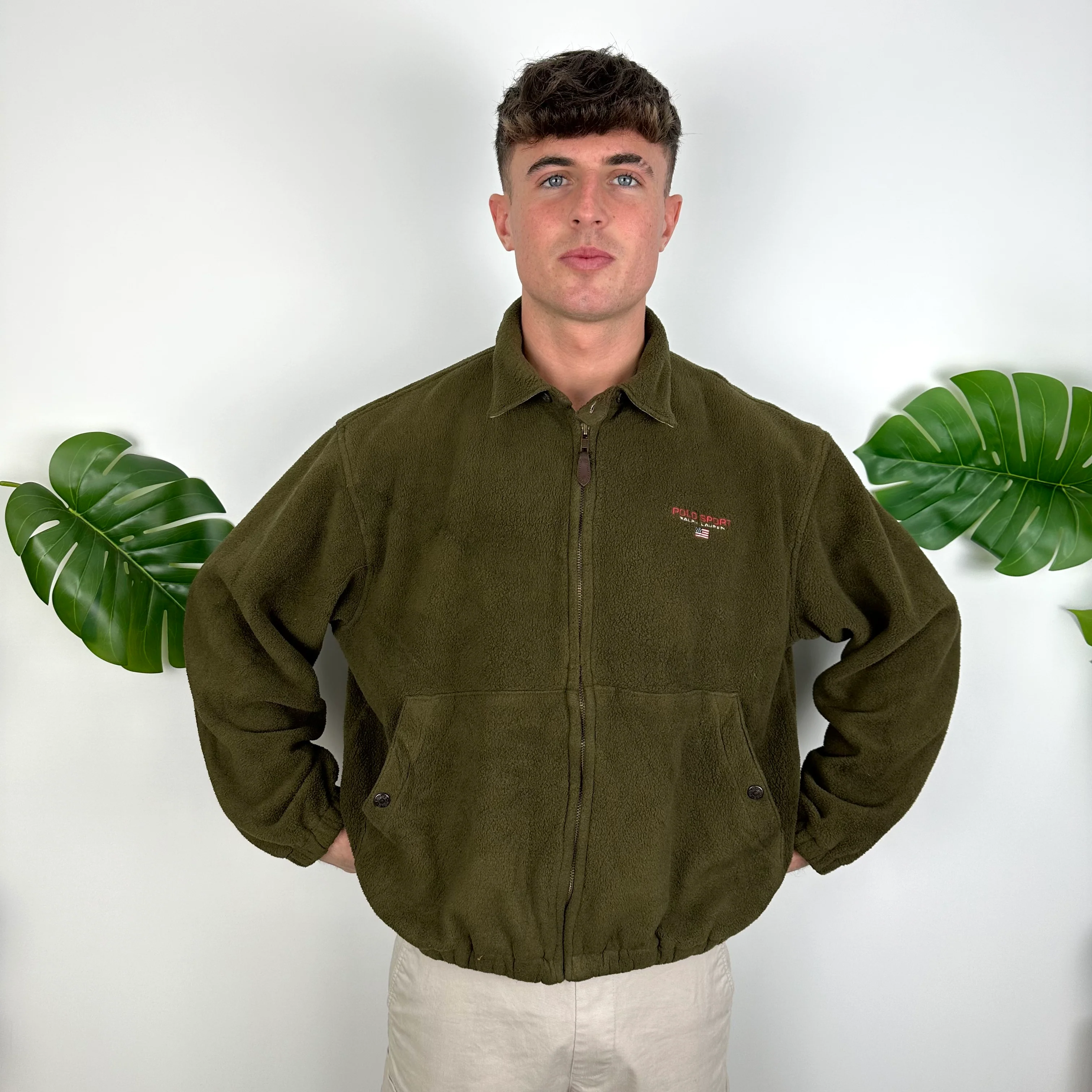 Polo Sport Ralph Lauren Khaki Green Embroidered Spell Out Teddy Bear Fleece Jacket (L) - Image 5