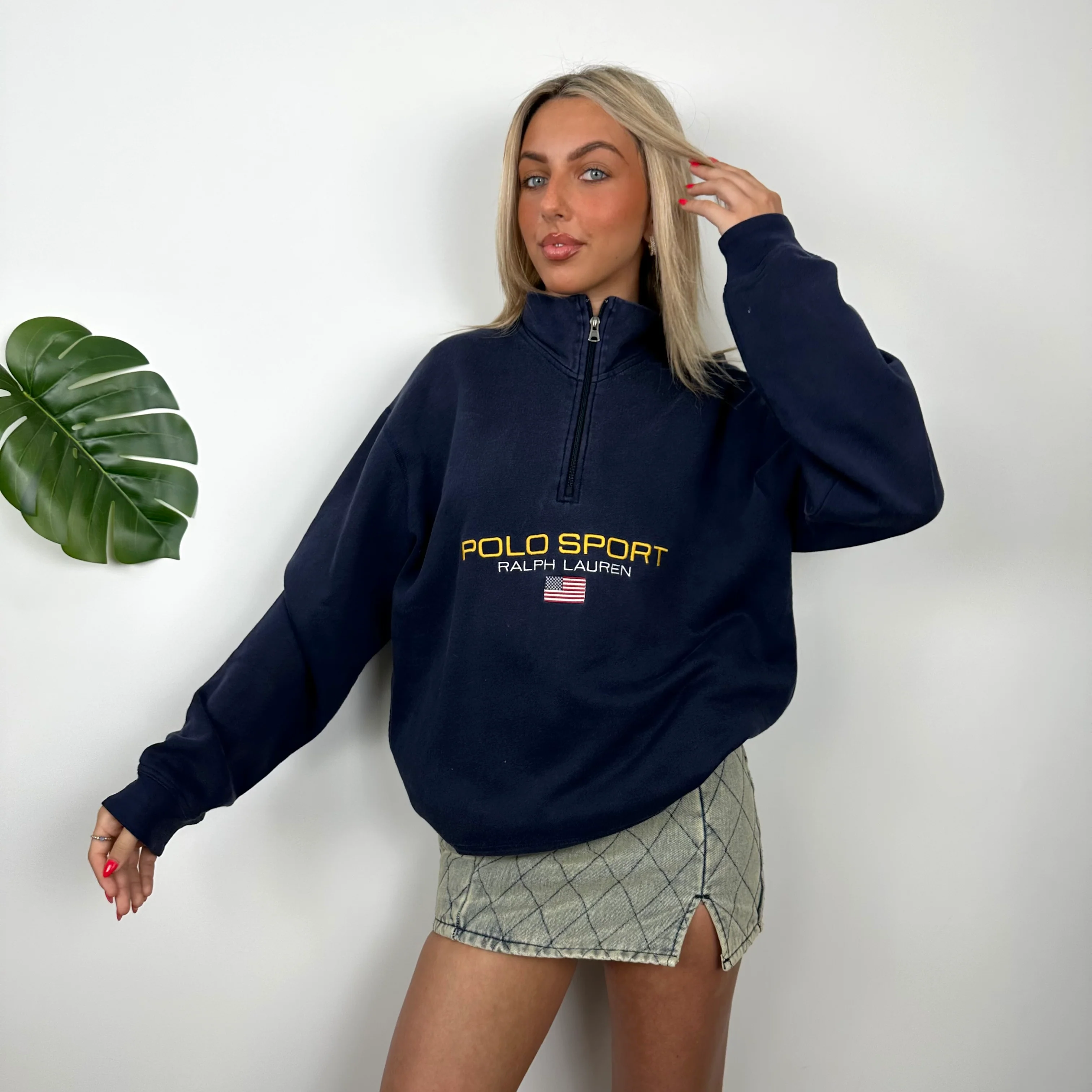 Polo Sport Ralph Lauren RARE Navy Embroidered Spell Out Quarter Zip Sweatshirt (L) - Image 2