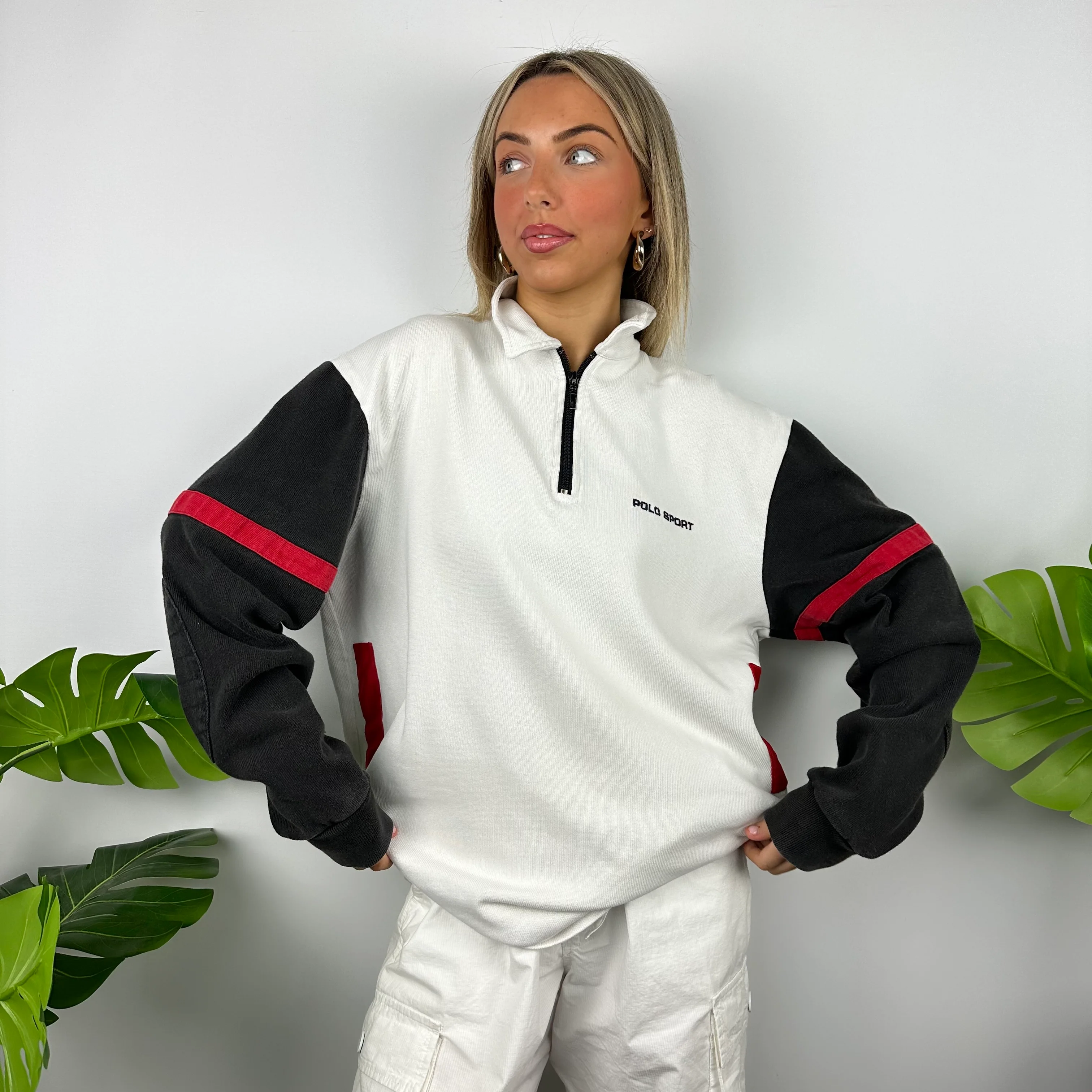 Polo Sport Ralph Lauren White Embroidered Spell Out Quarter Zip Sweatshirt (L) - Image 3