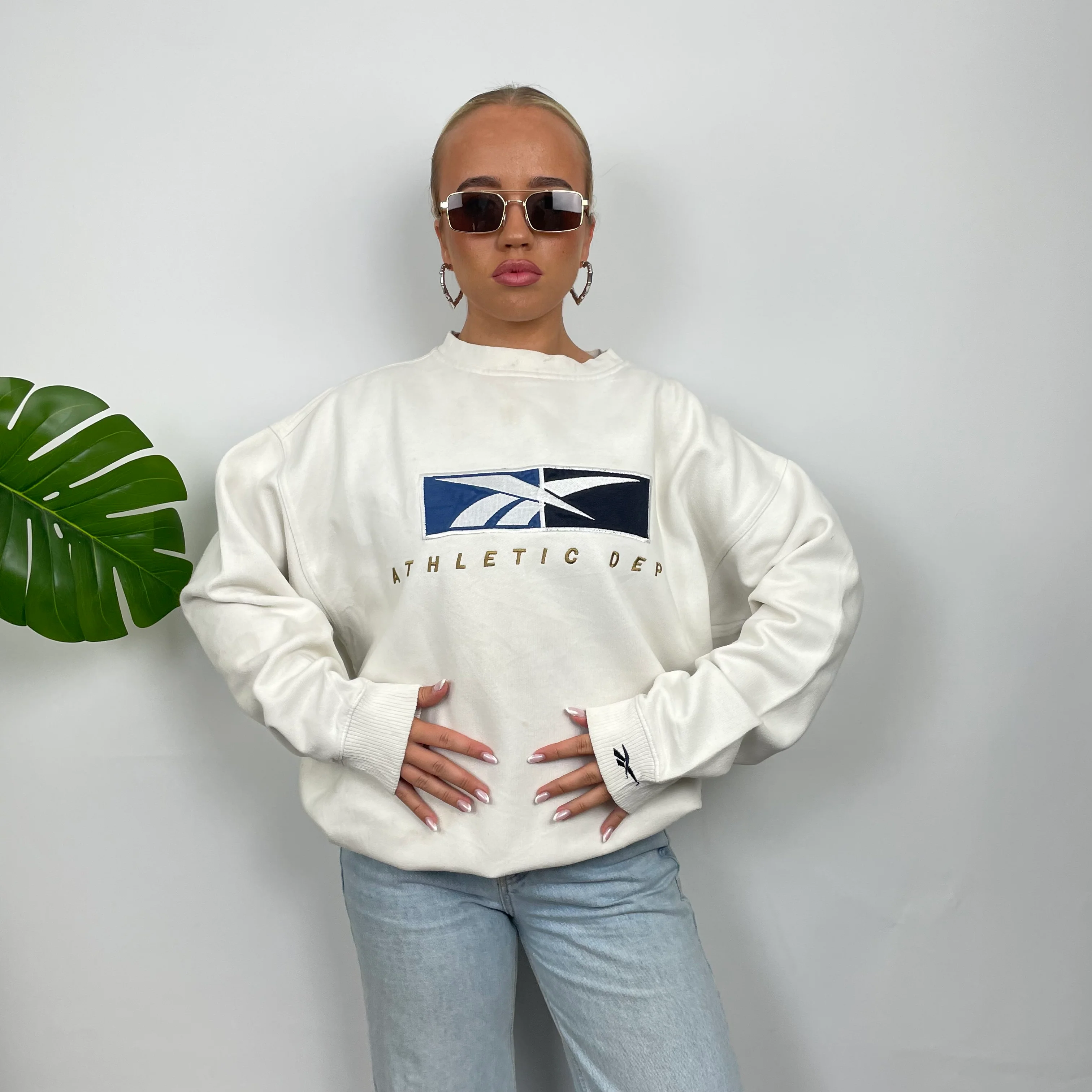 Reebok Athletic White Embroidered Spell Out Sweatshirt (M) - Image 2