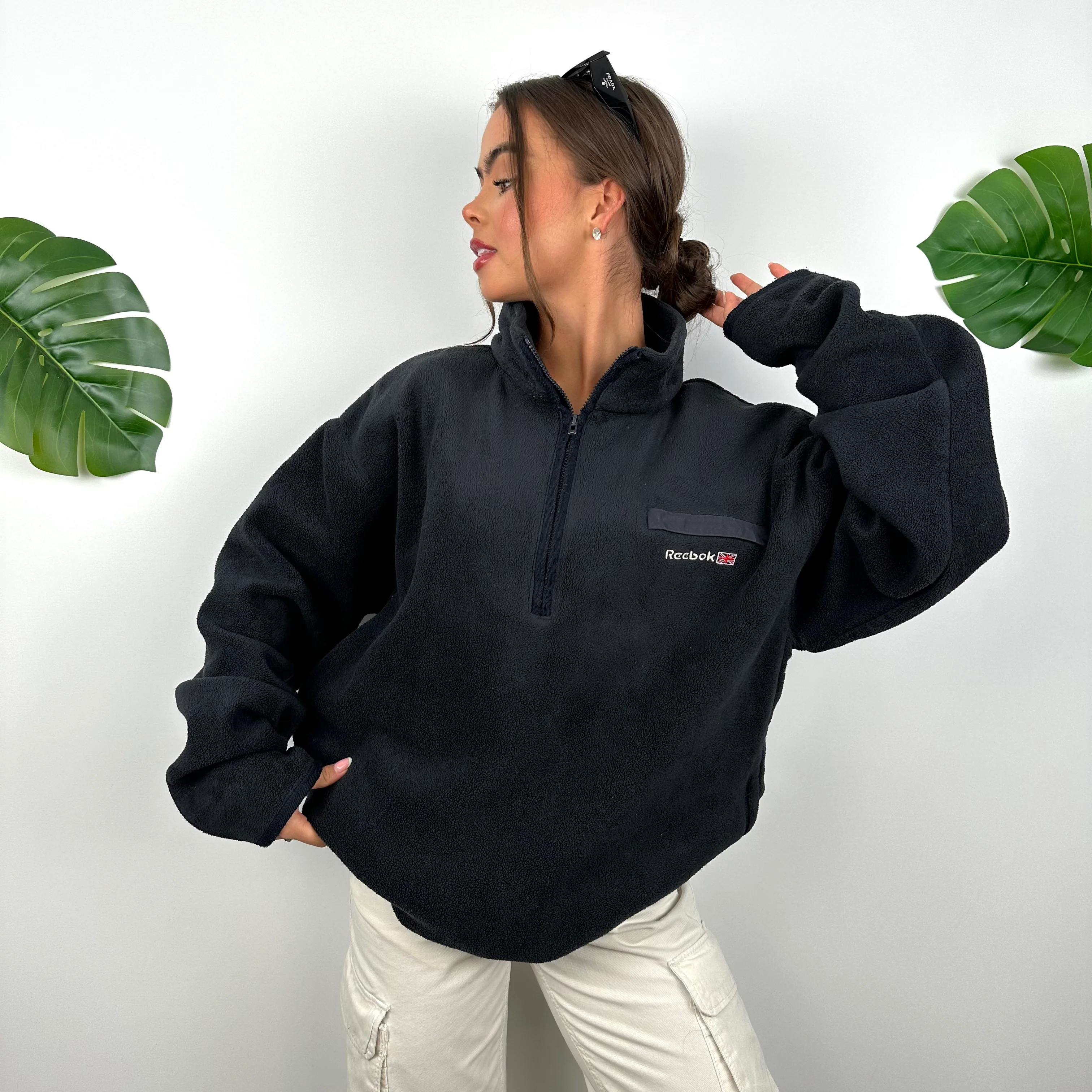Reebok Black Embroidered Spell Out Teddy Bear Fleece Quarter Zip Sweatshirt (L) - Image 3