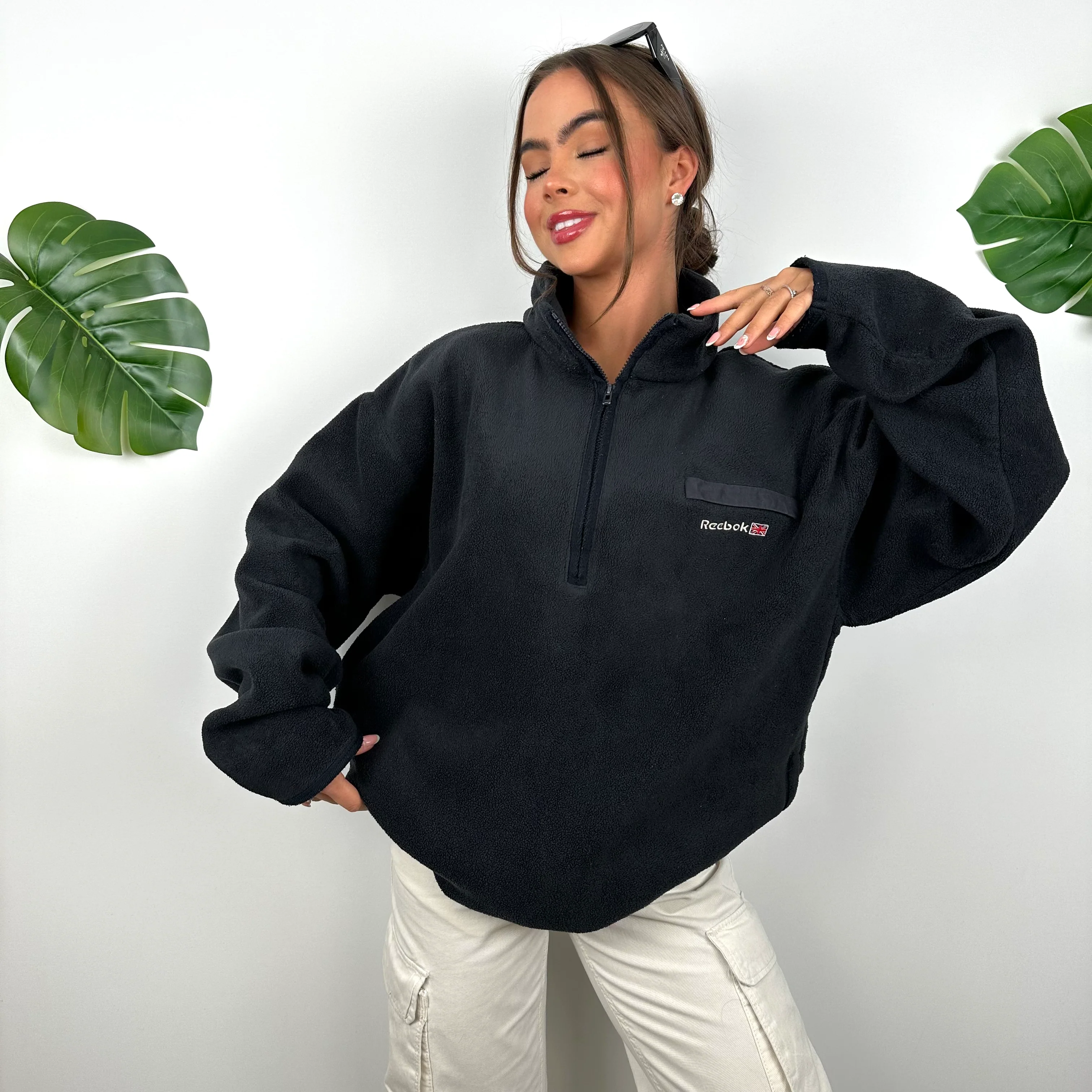 Reebok Black Embroidered Spell Out Teddy Bear Fleece Quarter Zip Sweatshirt (L) - Image 6