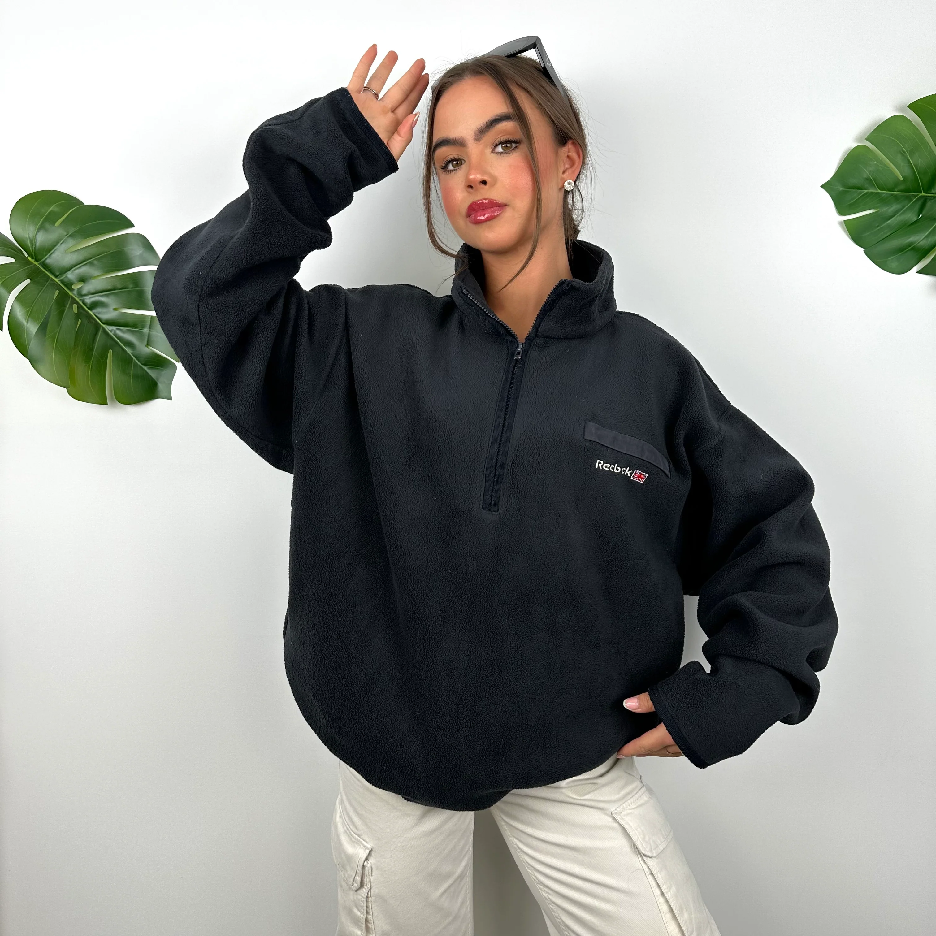 Reebok Black Embroidered Spell Out Teddy Bear Fleece Quarter Zip Sweatshirt (L) - Image 7