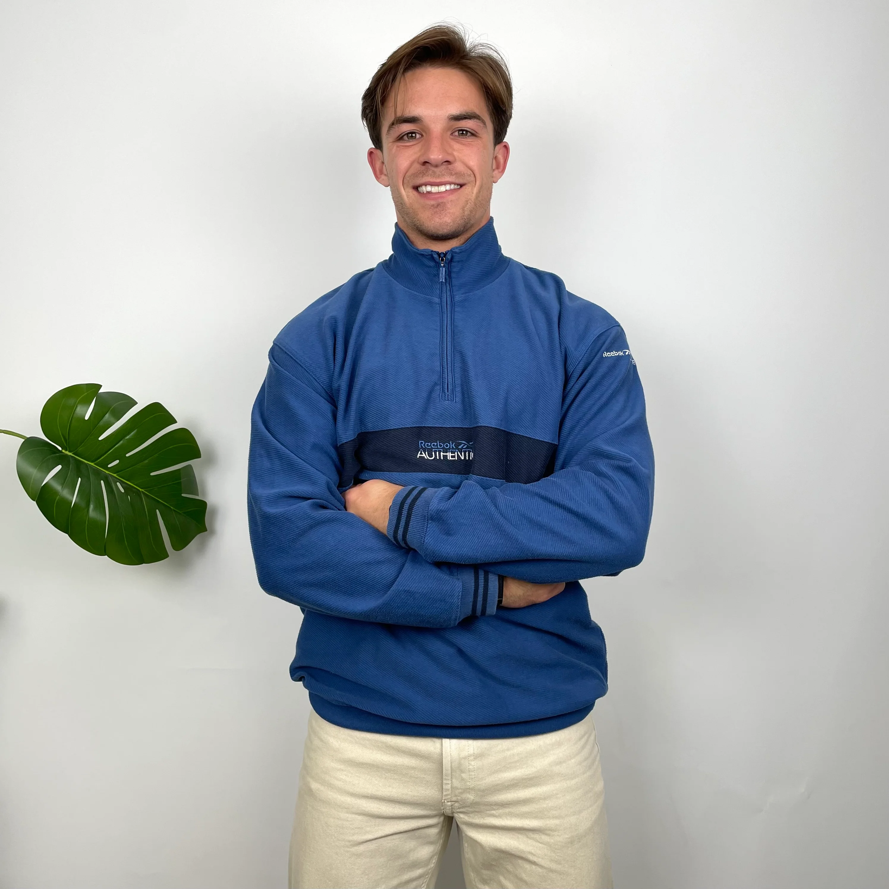 Reebok Blue Embroidered Spell Out Quarter Zip Sweatshirt (M) - Image 2