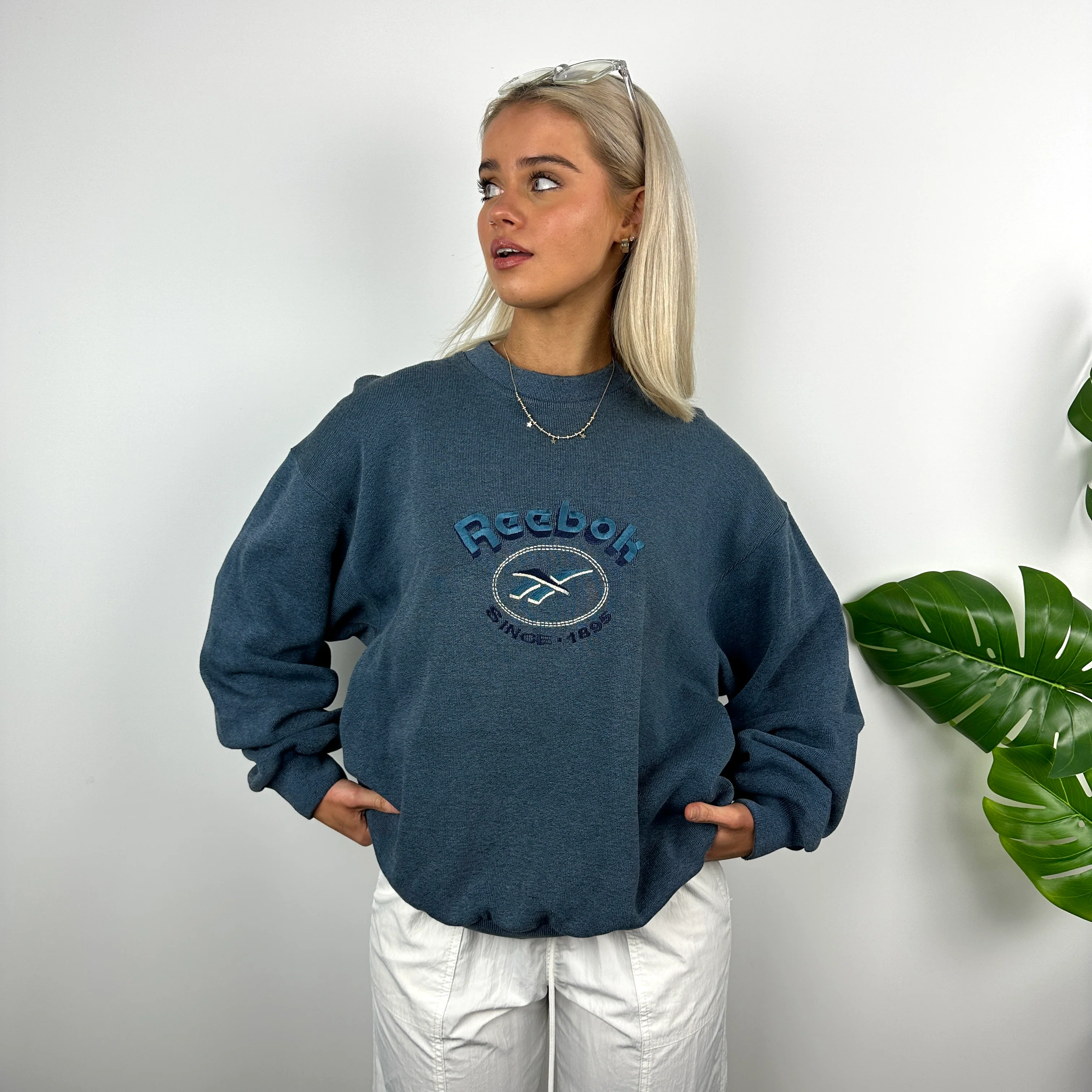 Reebok Blue Embroidered Spell Out Sweatshirt (M) - Image 3