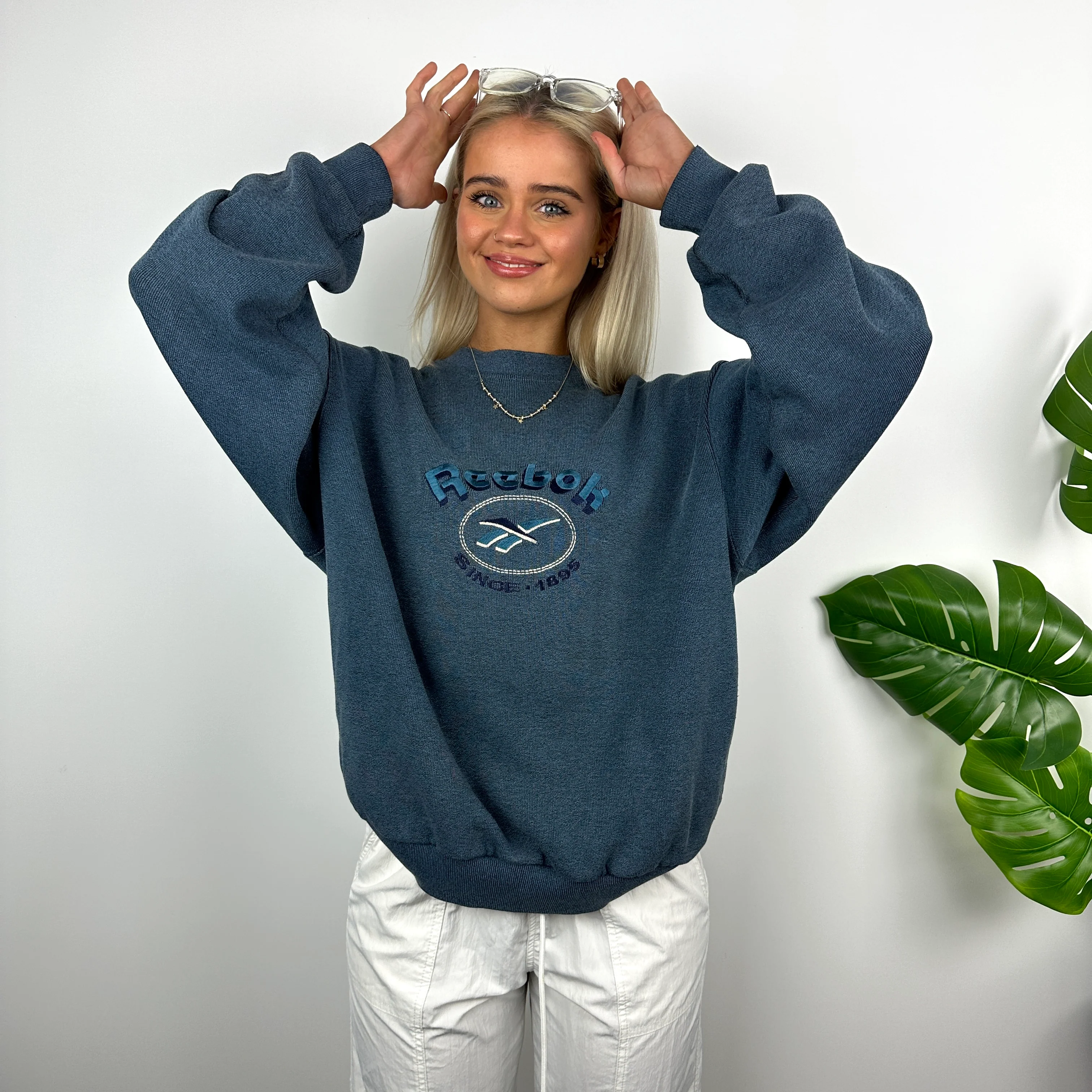 Reebok Blue Embroidered Spell Out Sweatshirt (M) - Image 4