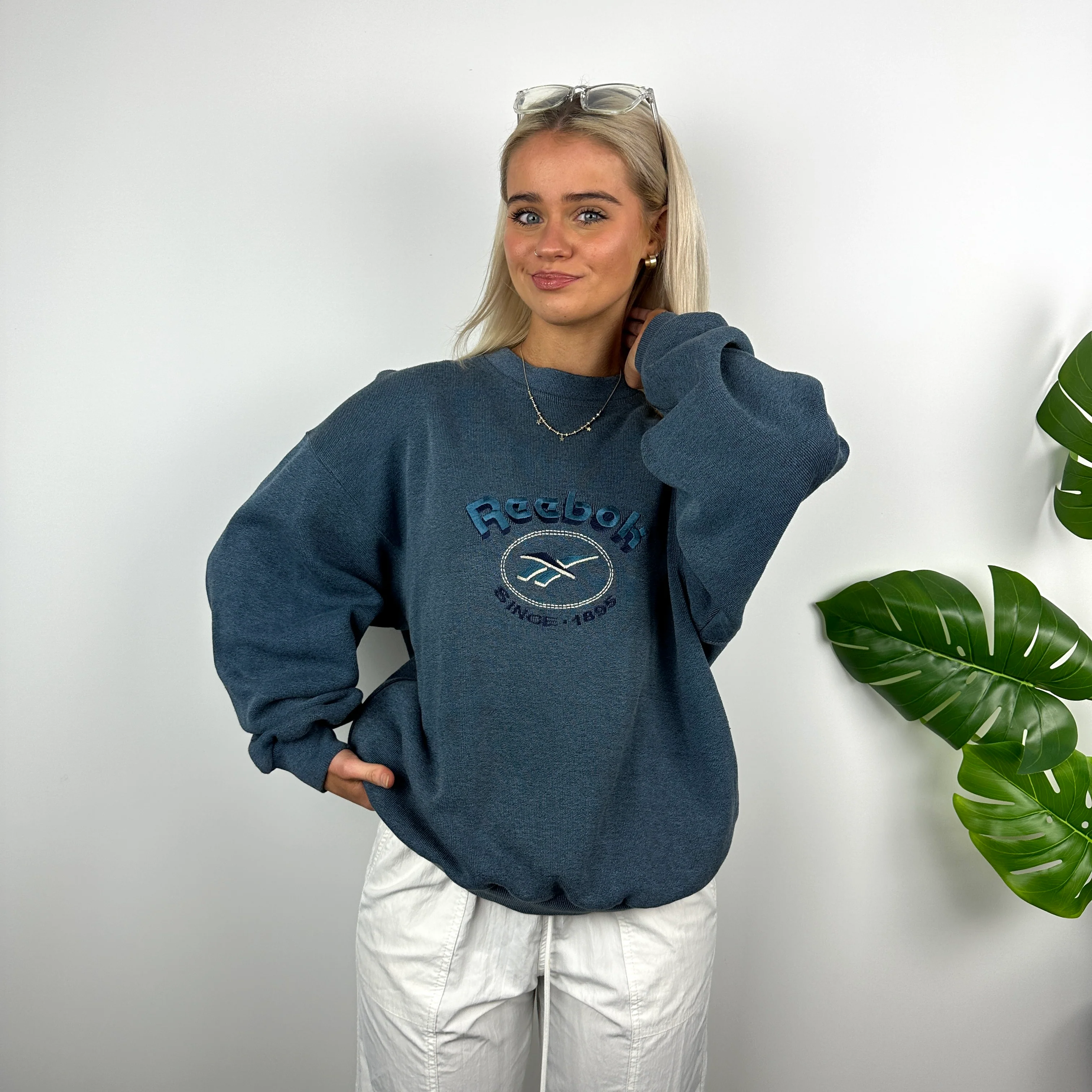 Reebok Blue Embroidered Spell Out Sweatshirt (M) - Image 6