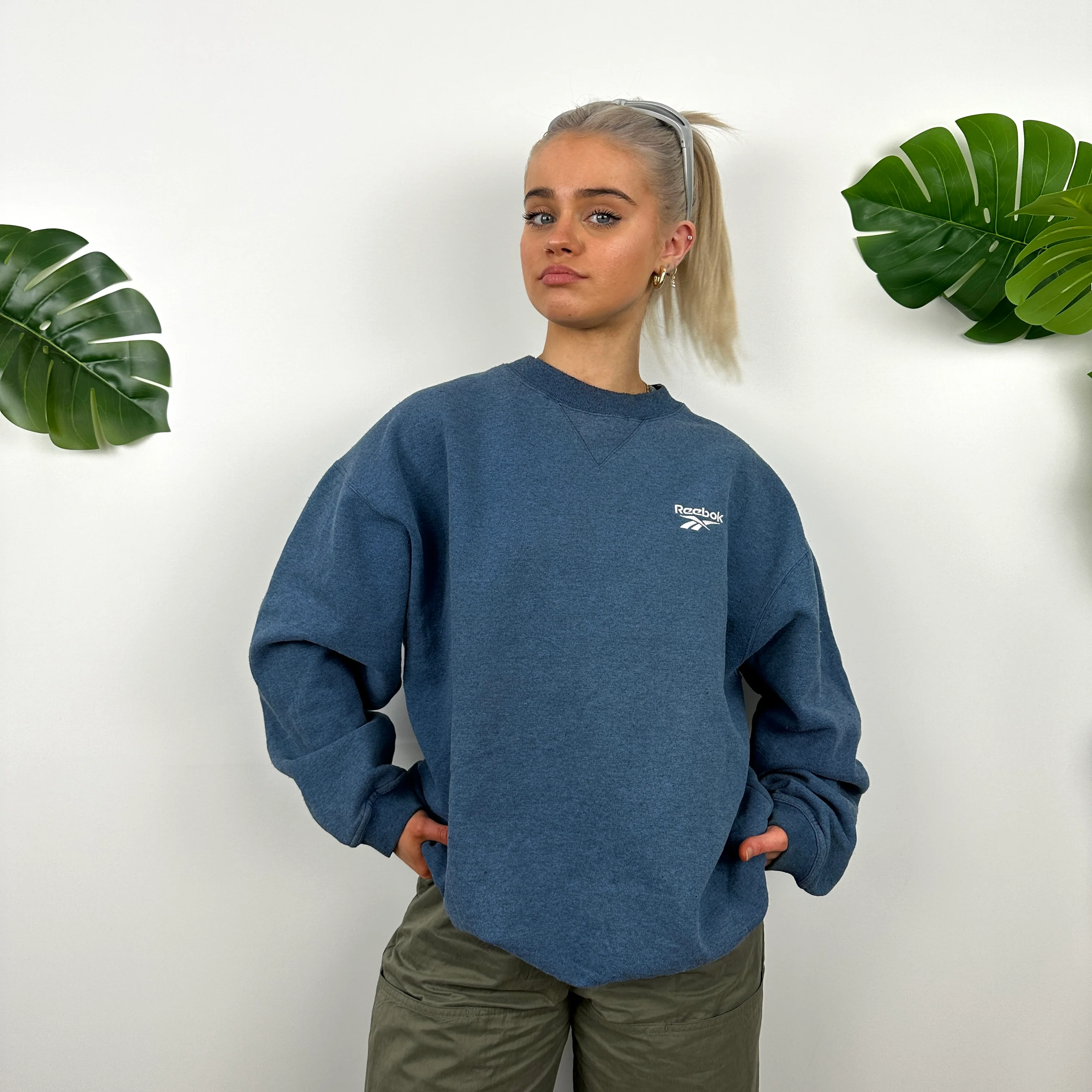 Reebok Blue Embroidered Spell Out Sweatshirt (M) - Image 4