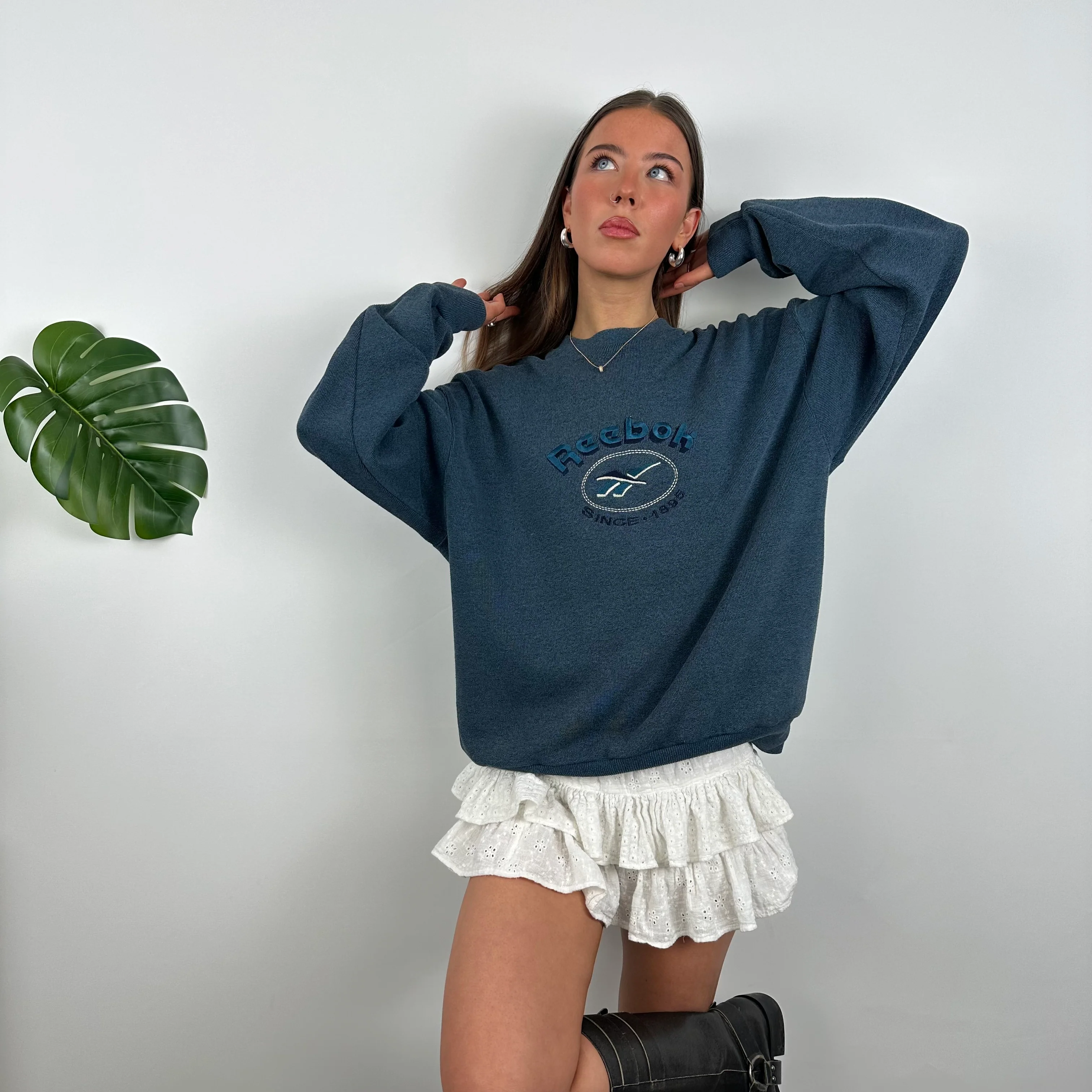 Reebok Blue Embroidered Spell Out Sweatshirt (M) - Image 4