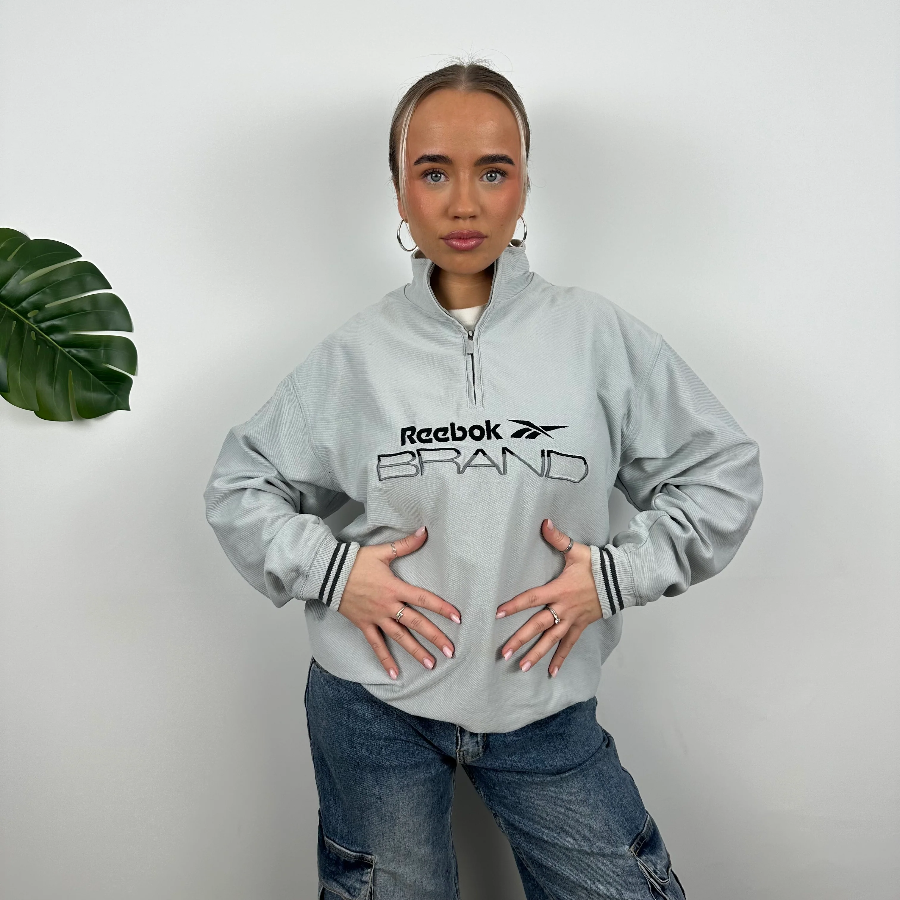 Reebok Brand Grey Embroidered Spell Out Quarter Zip Sweatshirt (XL)