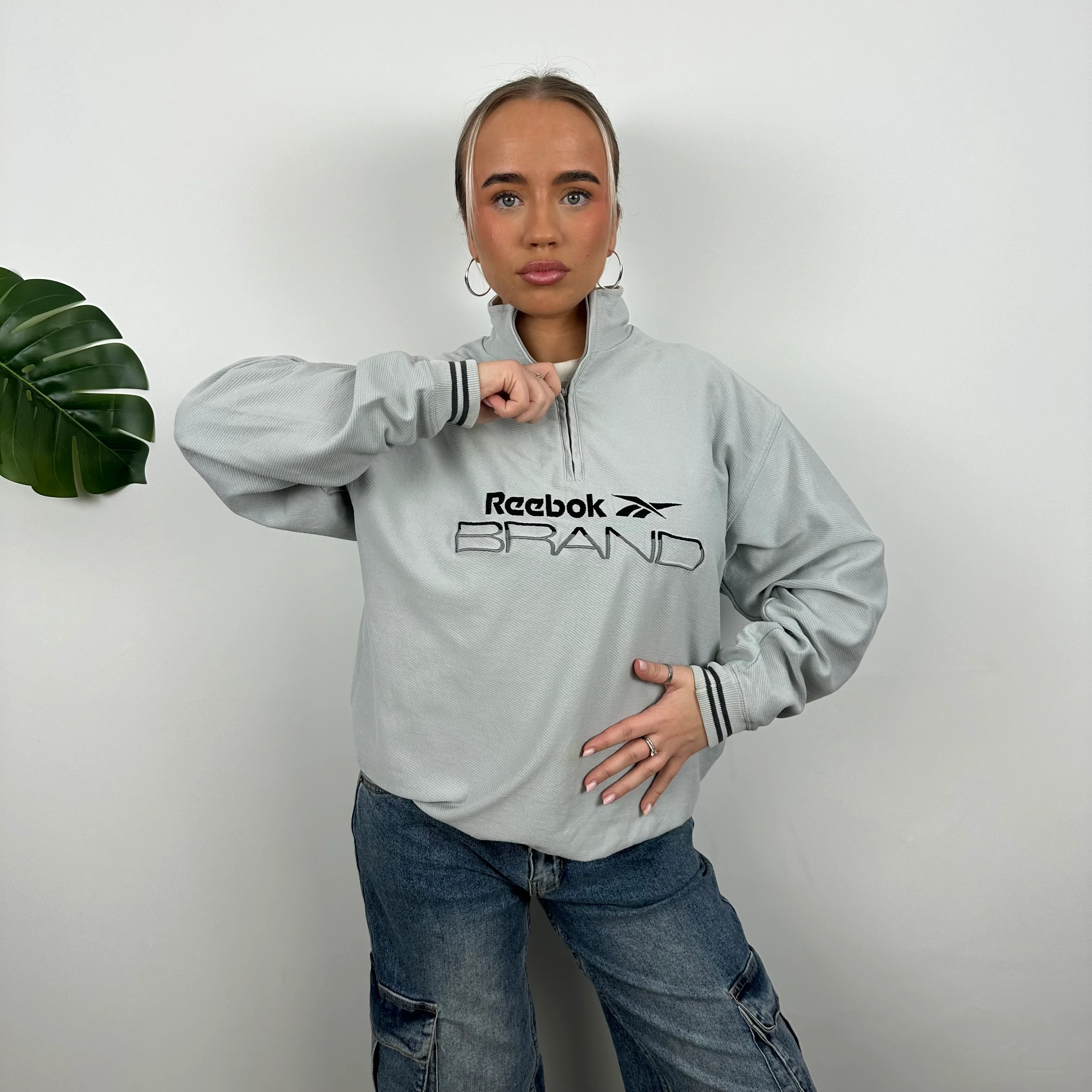 Reebok Brand Grey Embroidered Spell Out Quarter Zip Sweatshirt (XL) - Image 3
