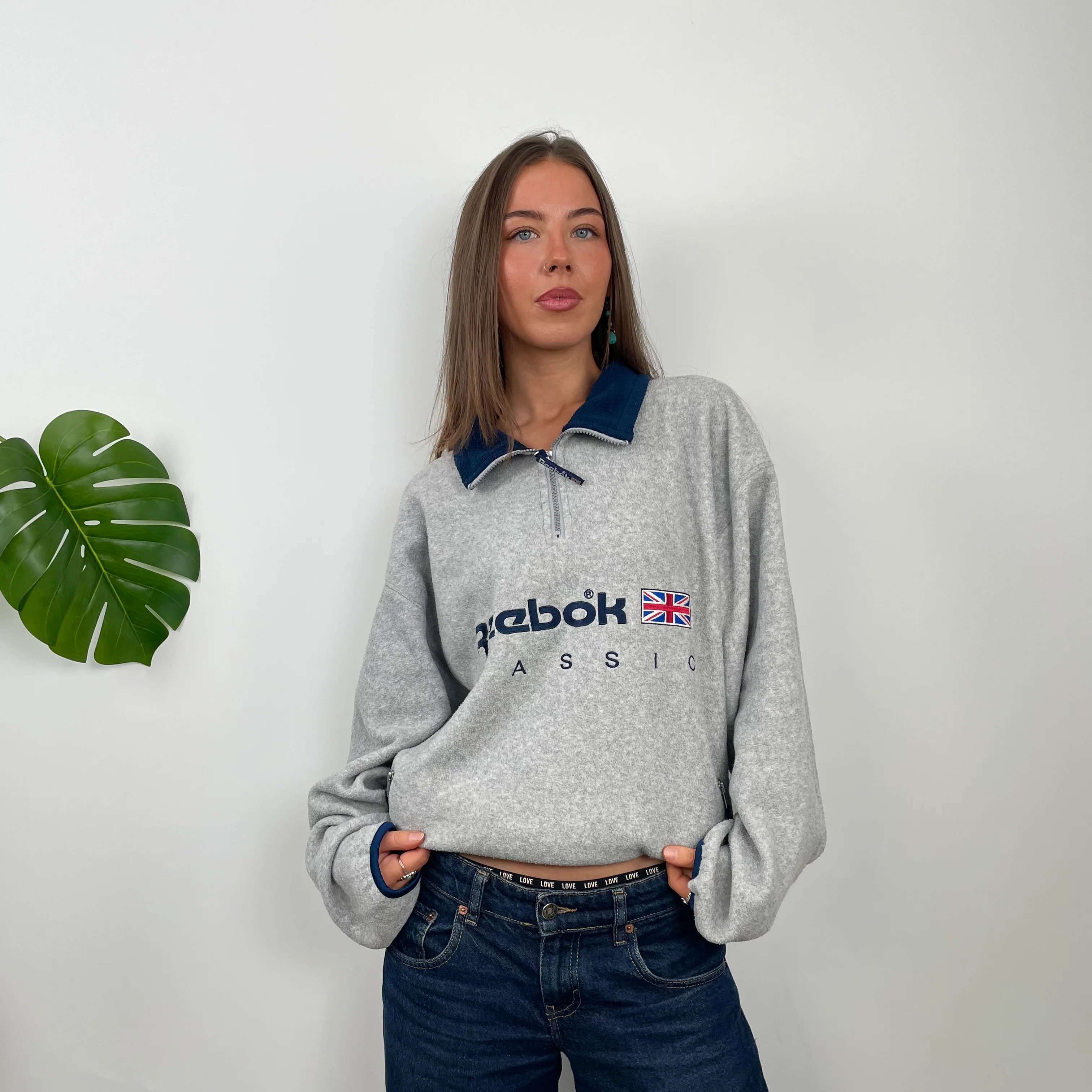 Reebok Classic RARE Grey Embroidered Spell Out Teddy Bear Fleece Quarter Zip Sweatshirt (XL)