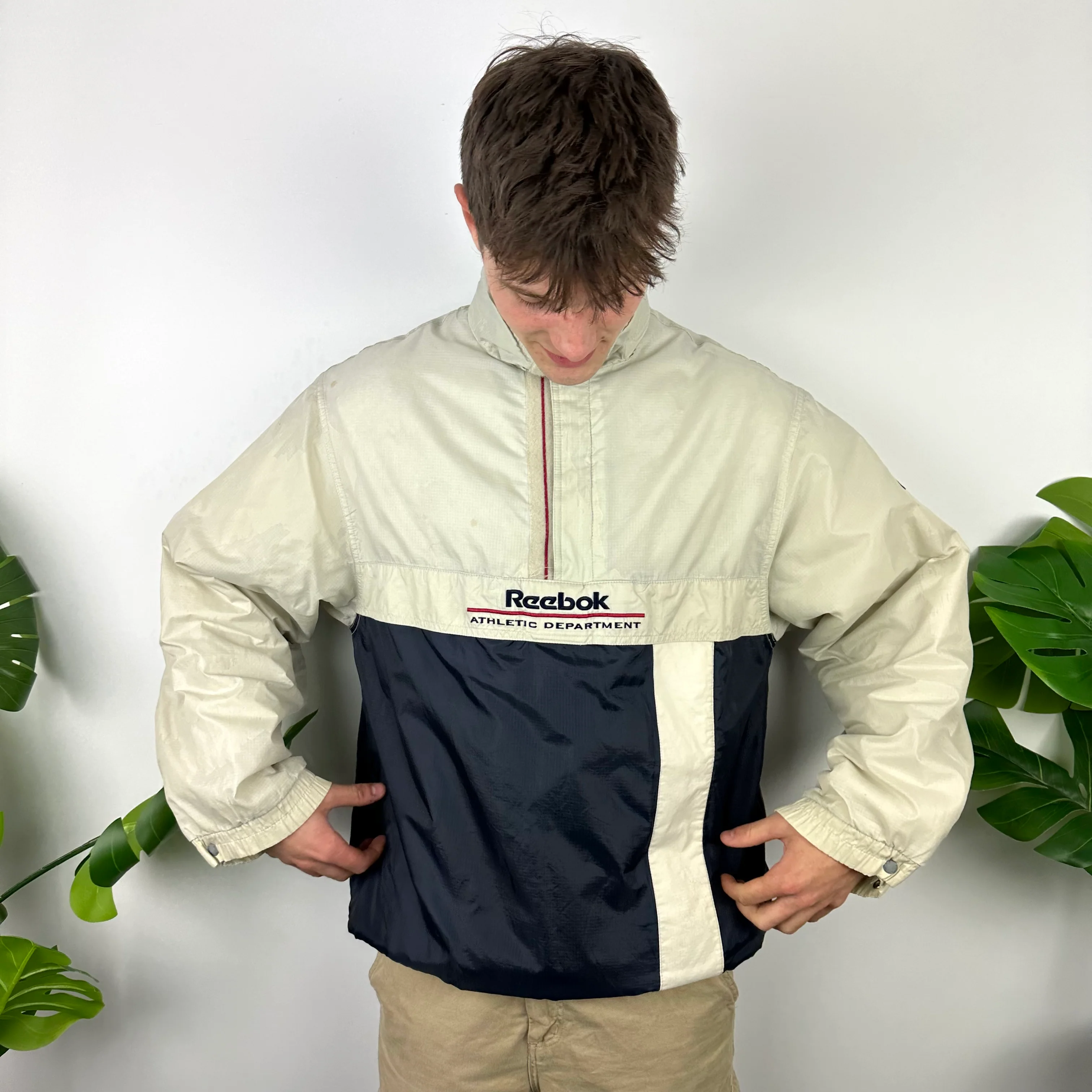 Reebok Cream and Navy Embroidered Spell Out Padded Jacket (L) - Image 2