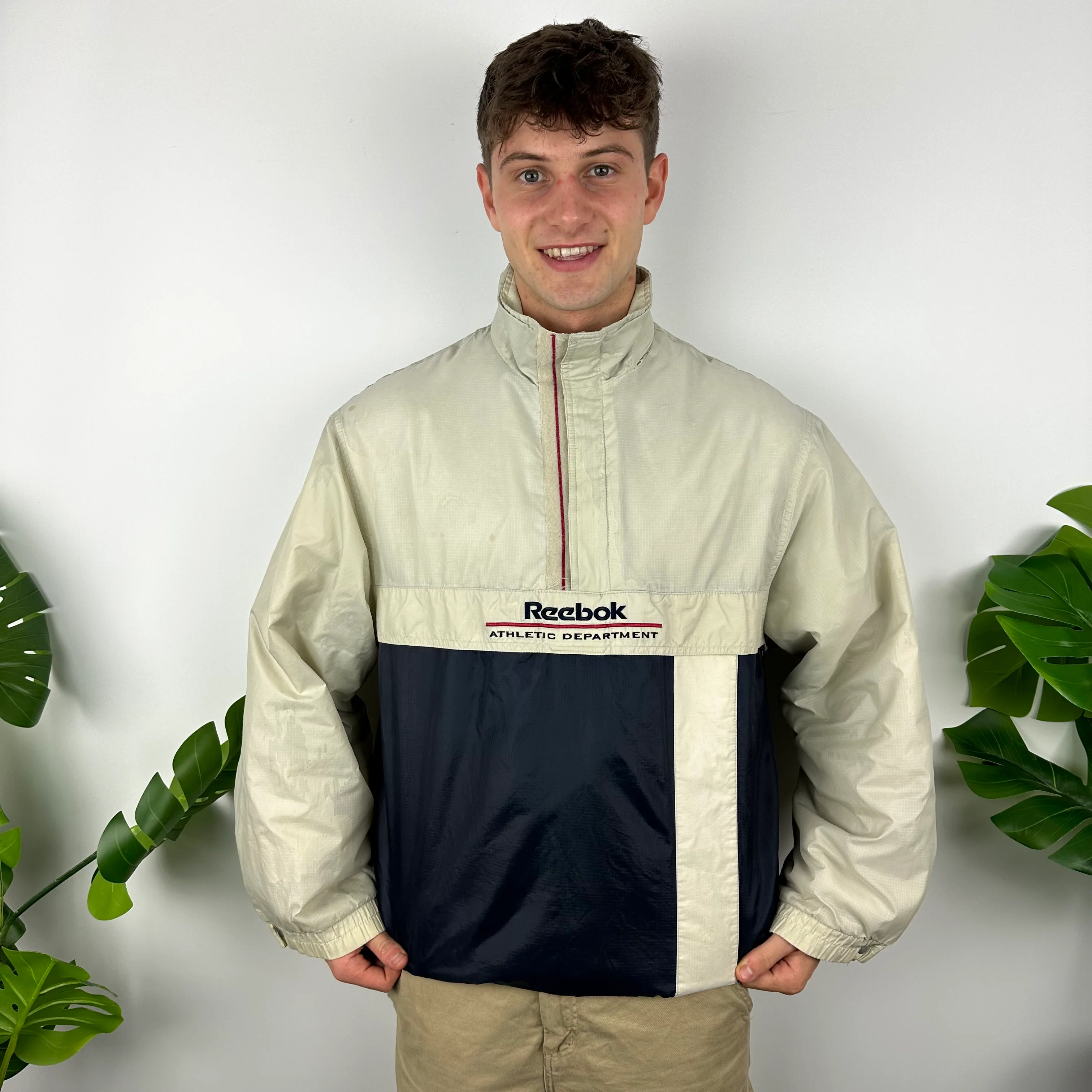 Reebok Cream and Navy Embroidered Spell Out Padded Jacket (L) - Image 3