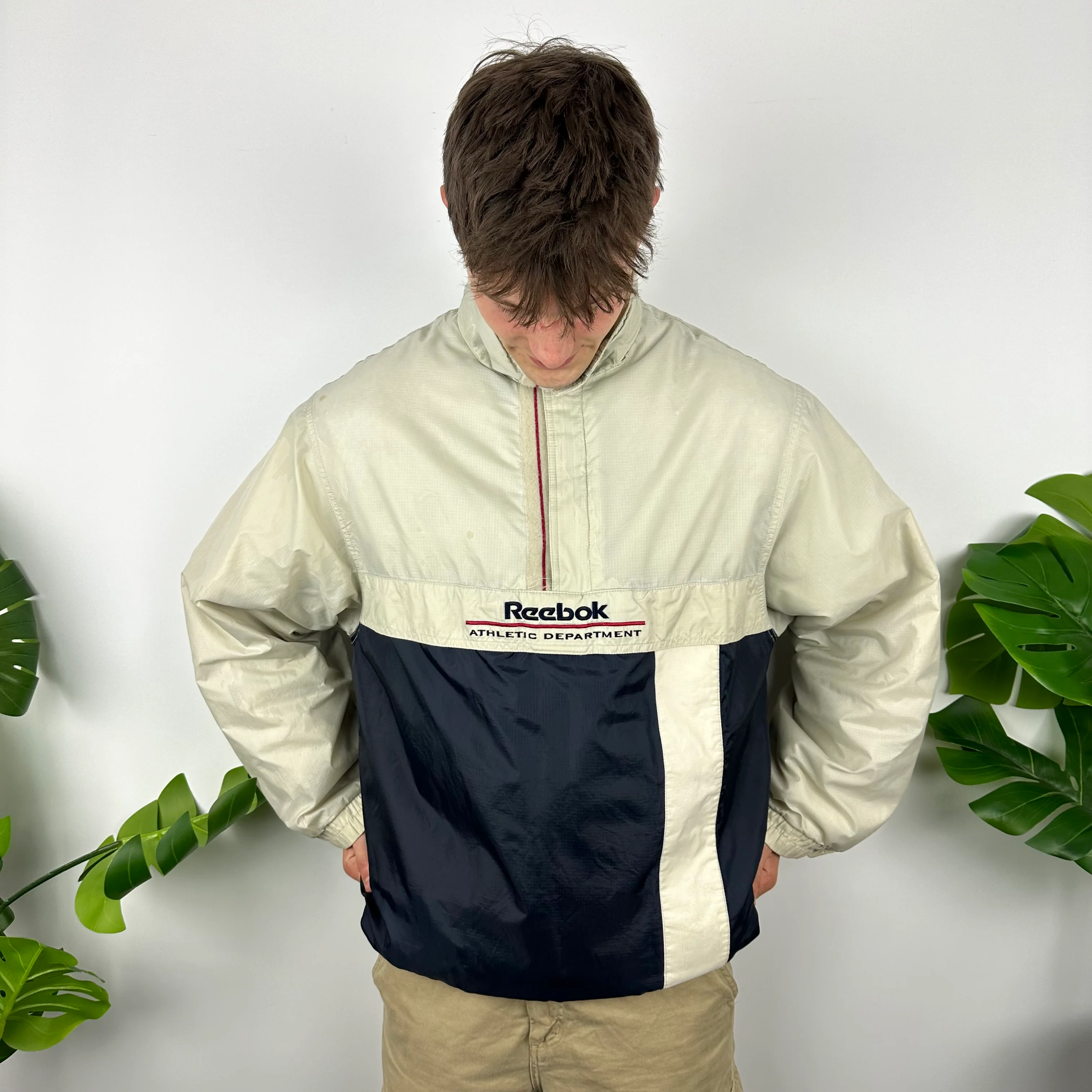 Reebok Cream and Navy Embroidered Spell Out Padded Jacket (L) - Image 4