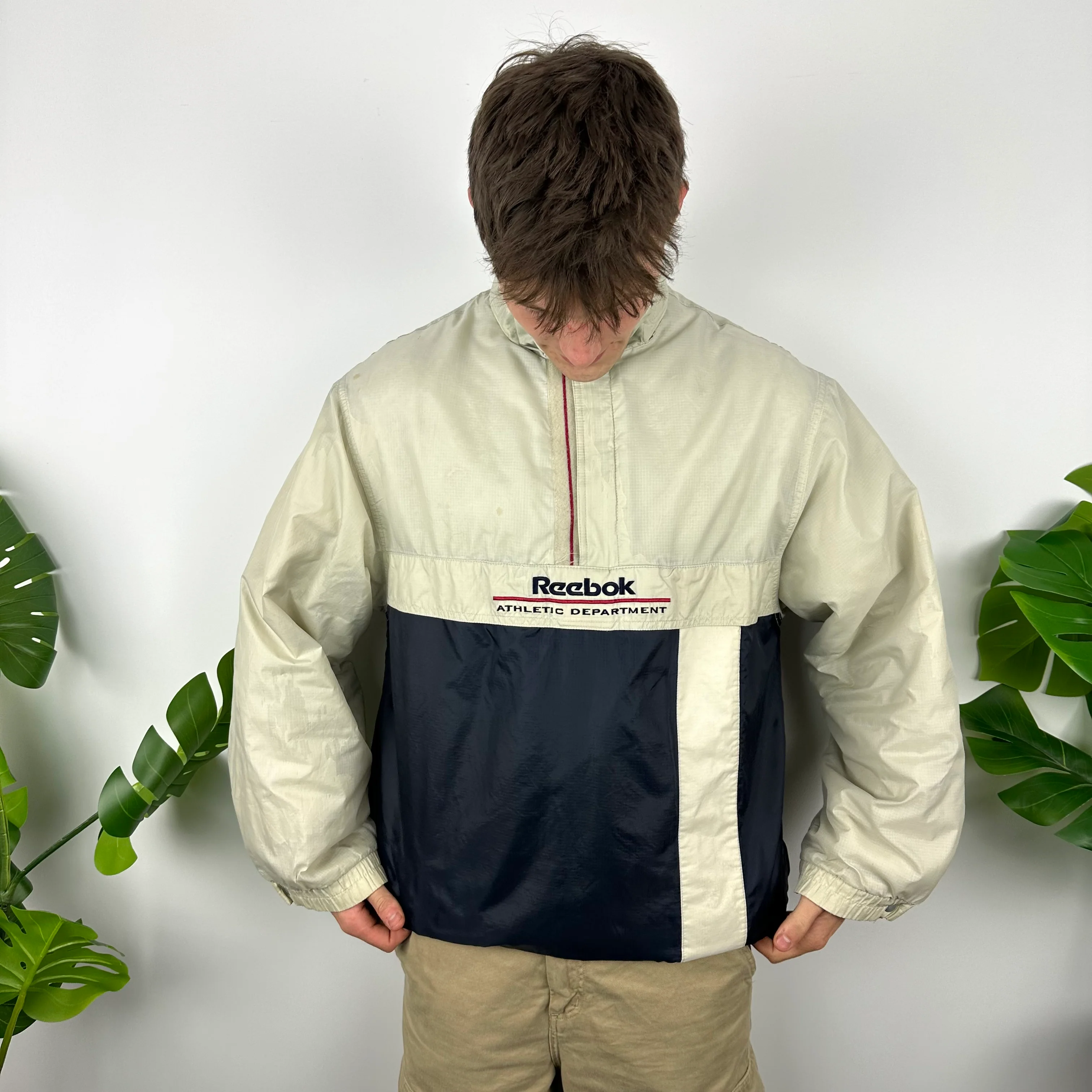 Reebok Cream and Navy Embroidered Spell Out Padded Jacket (L) - Image 6