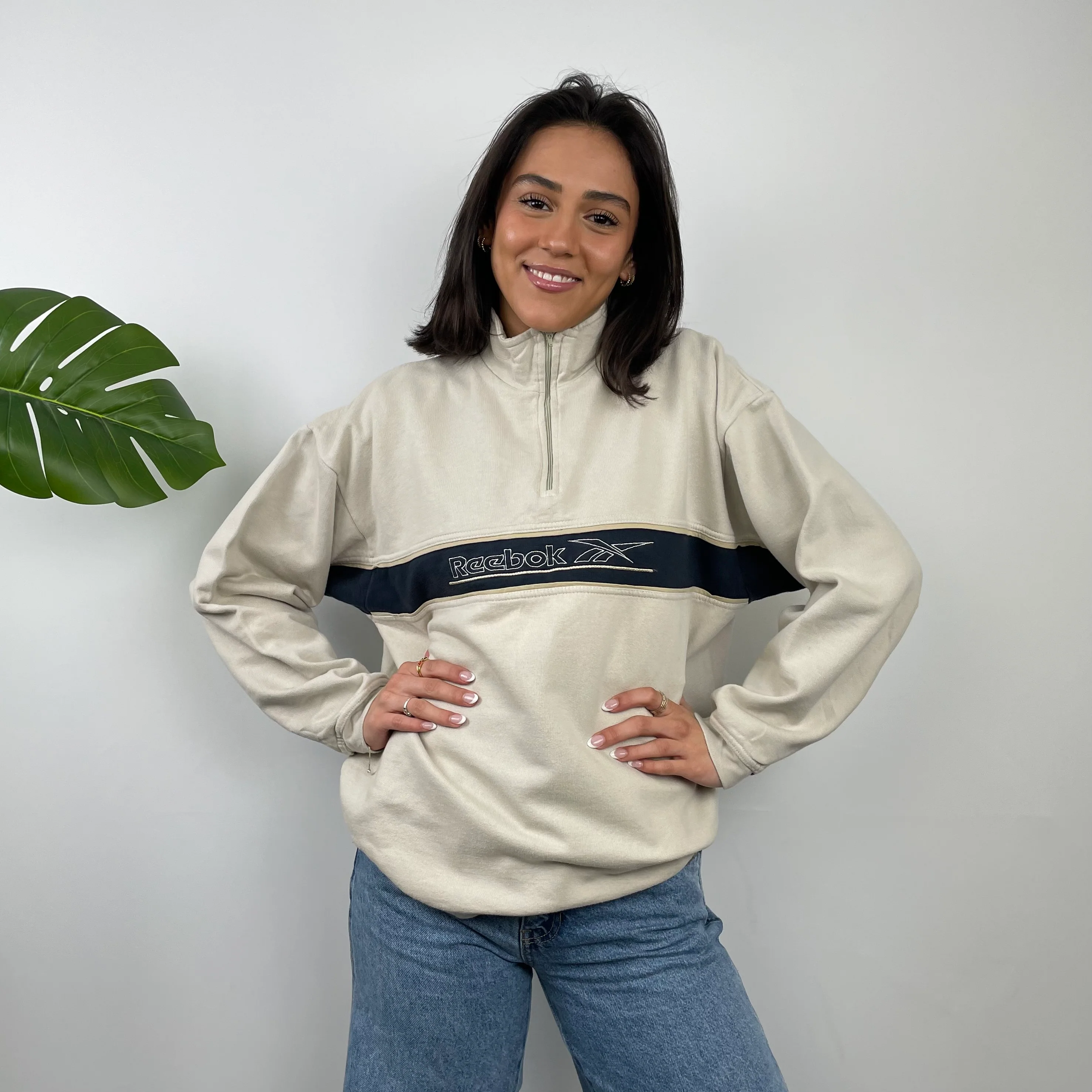 Reebok Cream Embroidered Spell Out Quarter Zip (M)