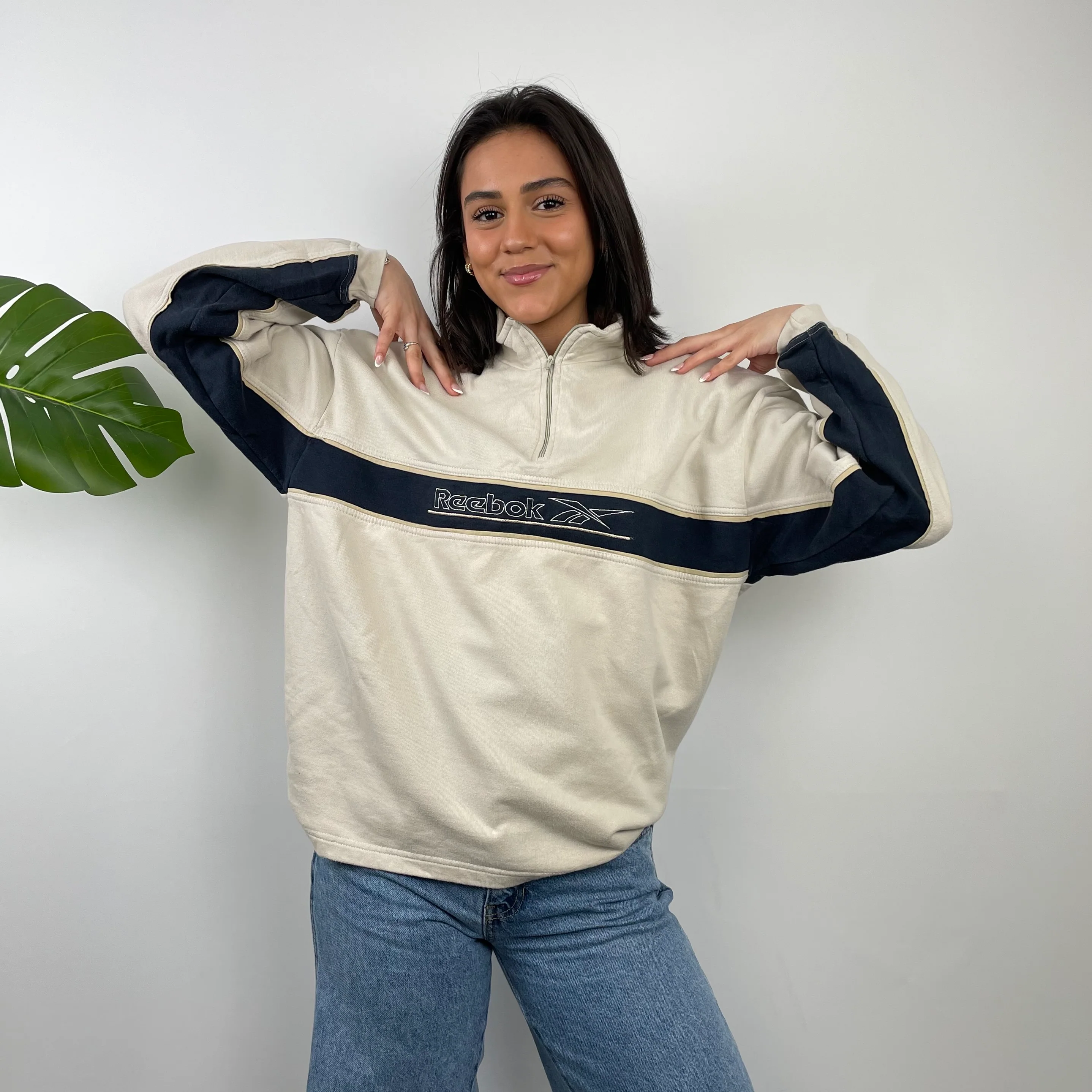 Reebok Cream Embroidered Spell Out Quarter Zip (M) - Image 3
