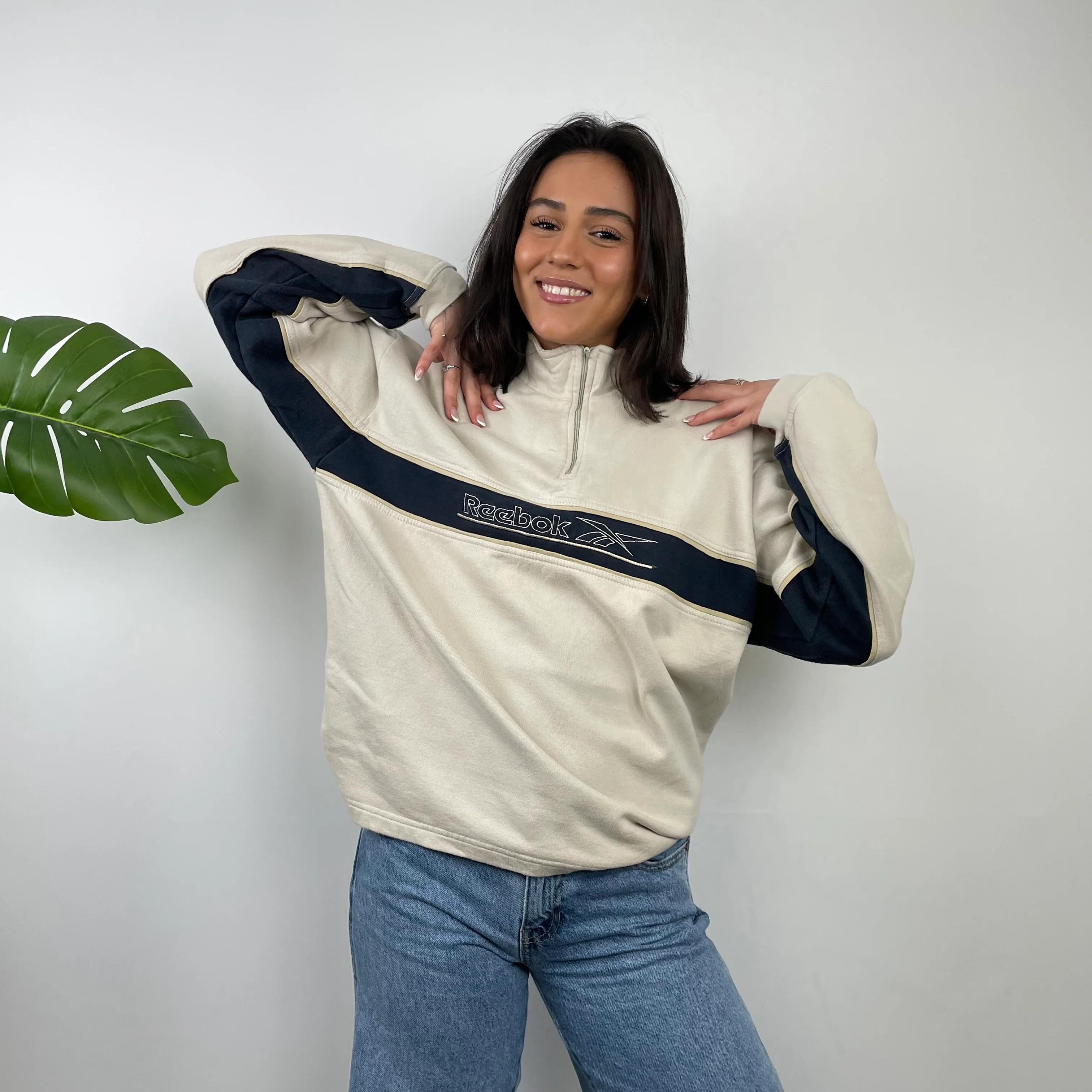 Reebok Cream Embroidered Spell Out Quarter Zip (M) - Image 4