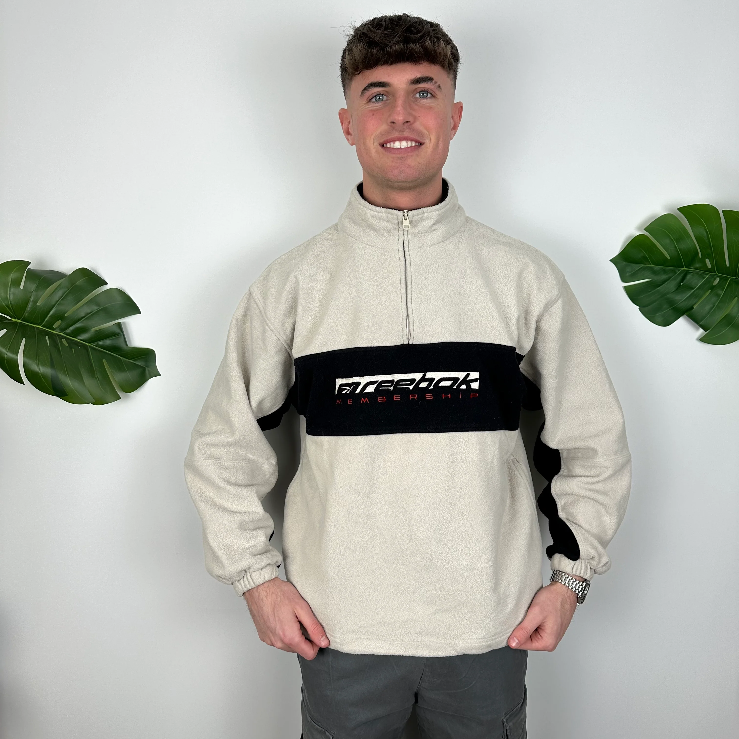 Reebok Cream Embroidered Spell Out Quarter Zip Sweatshirt (L) - Image 3