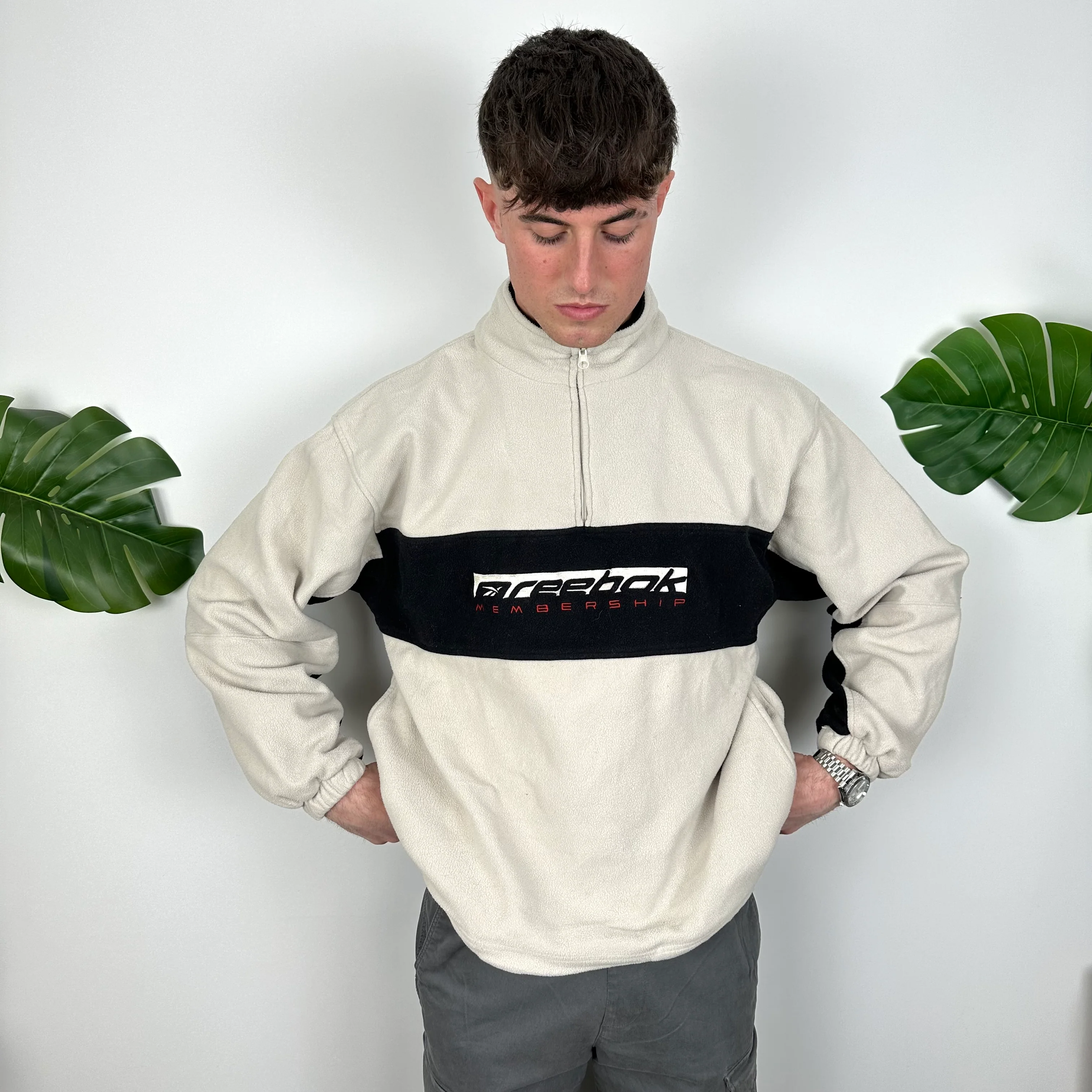 Reebok Cream Embroidered Spell Out Quarter Zip Sweatshirt (L) - Image 5
