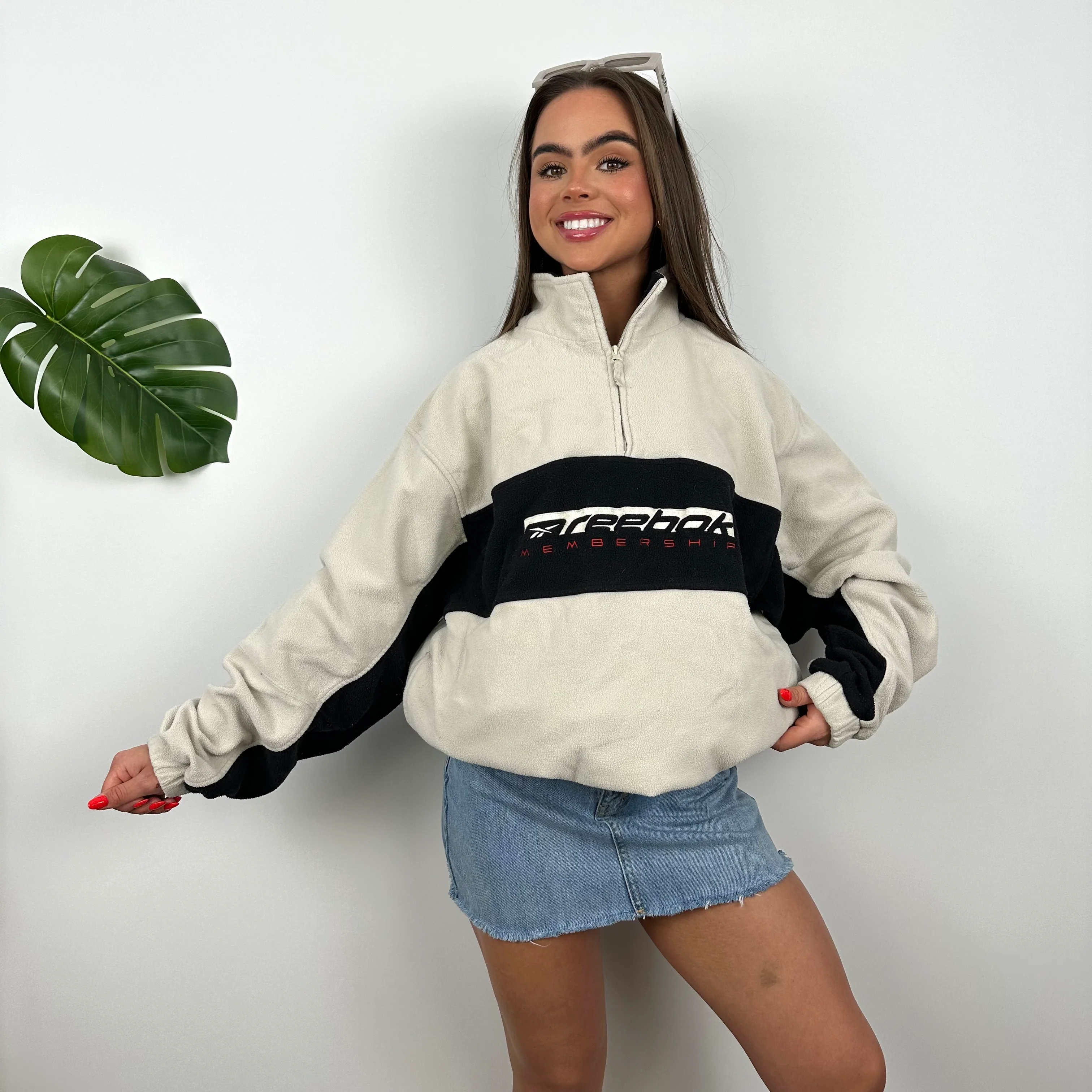 Reebok Cream Embroidered Spell Out Fleece Quarter Zip (M) - Image 2