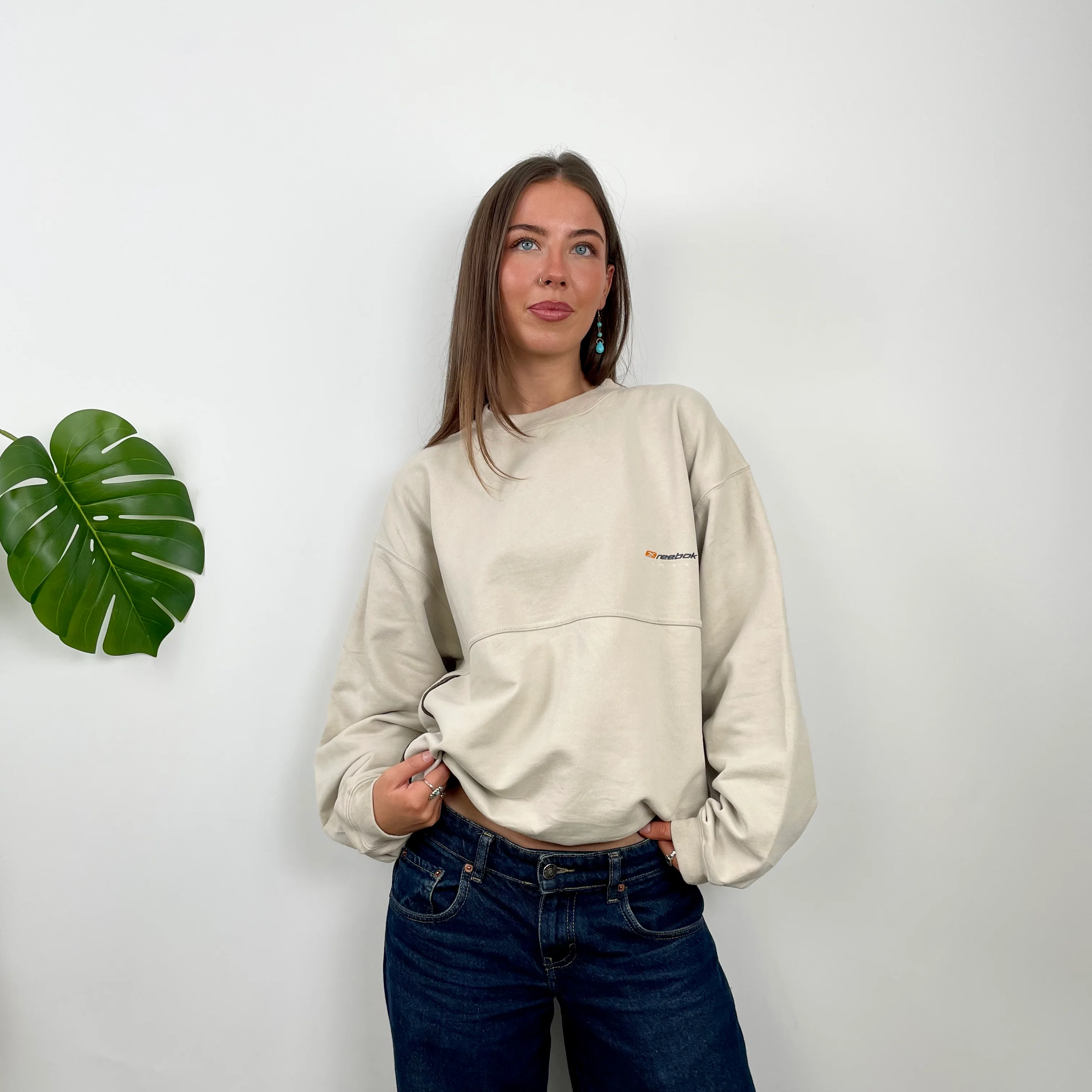 Reebok Cream Embroidered Spell Out Sweatshirt (S)