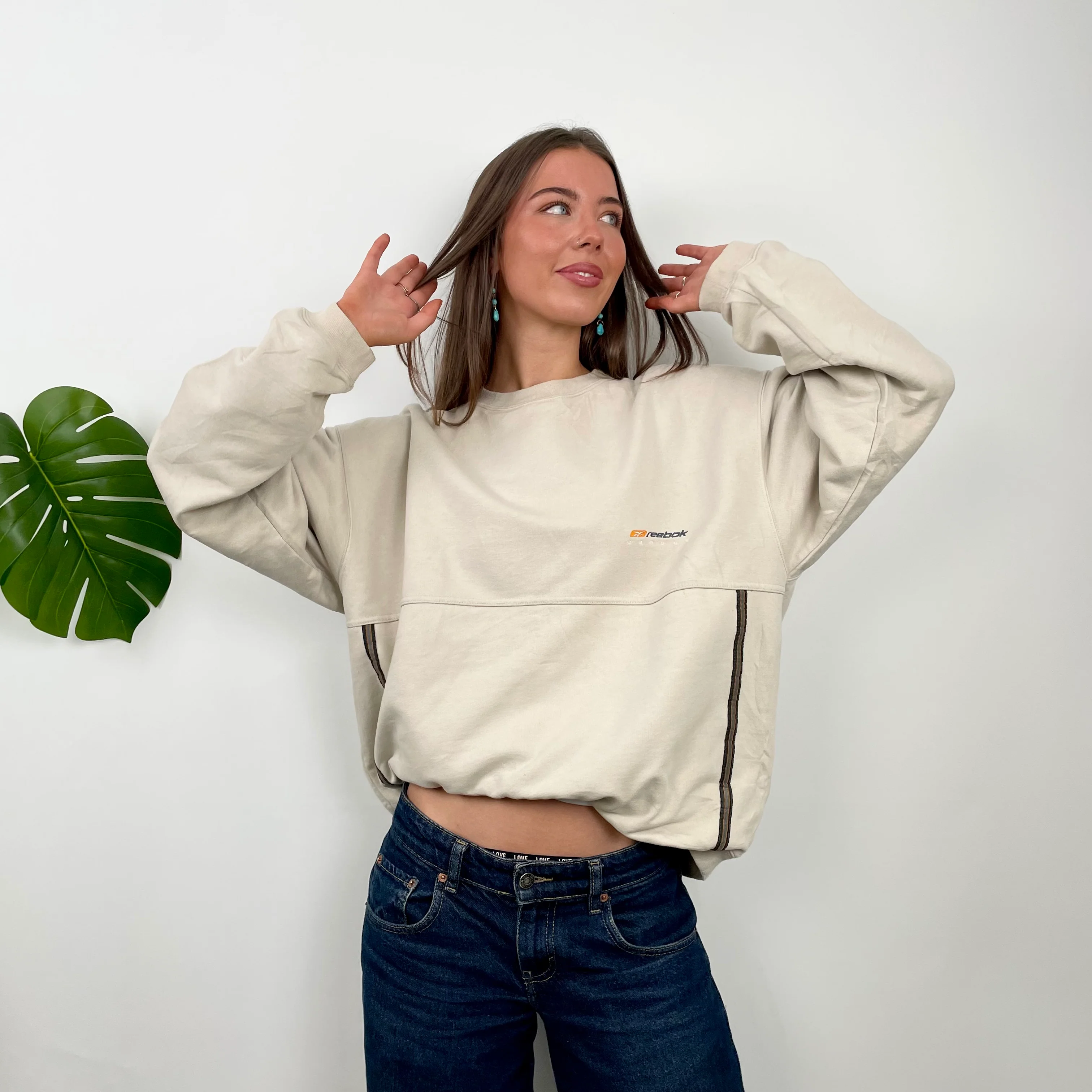 Reebok Cream Embroidered Spell Out Sweatshirt (S) - Image 6