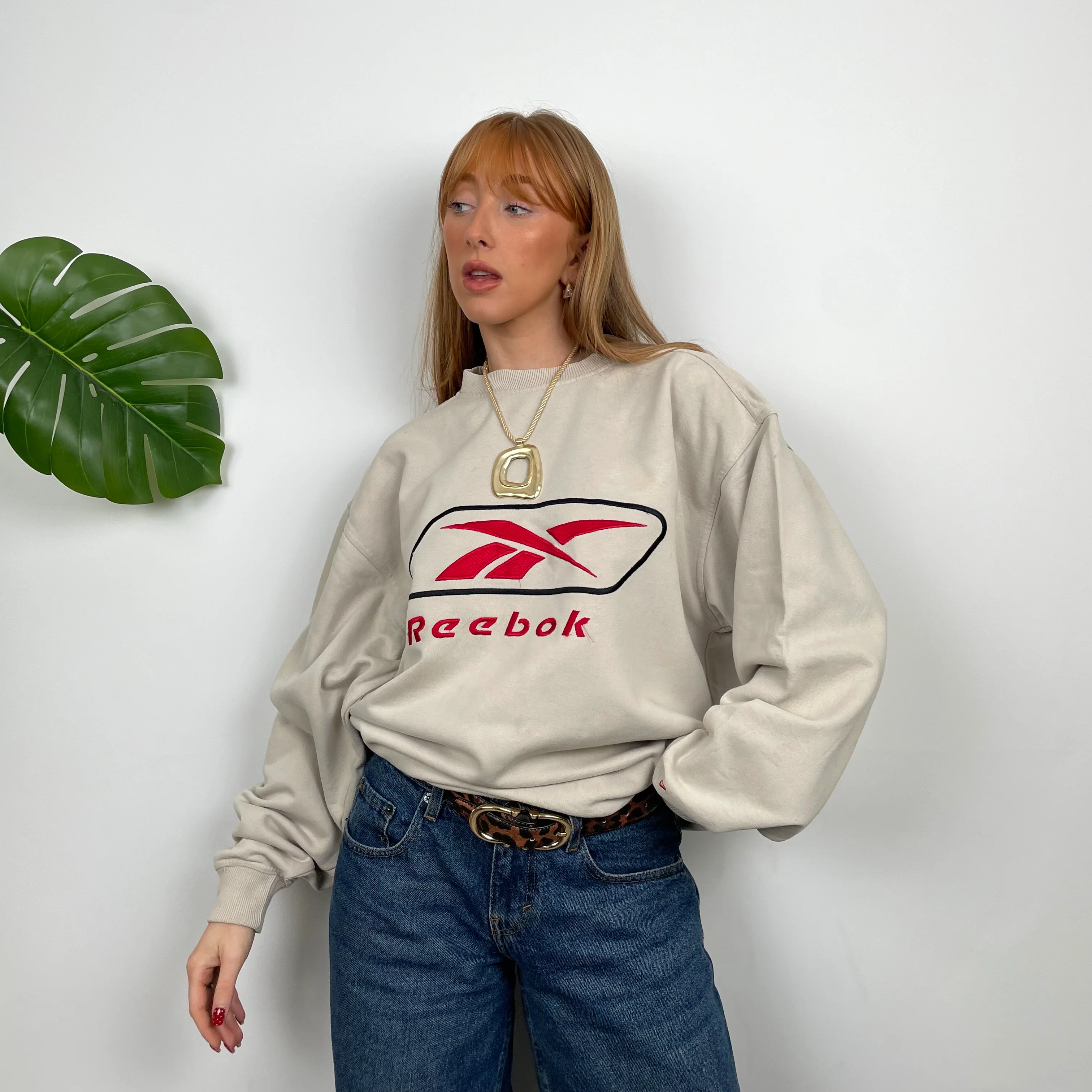 Reebok Cream Embroidered Spell Out Sweatshirt (L) - Image 2