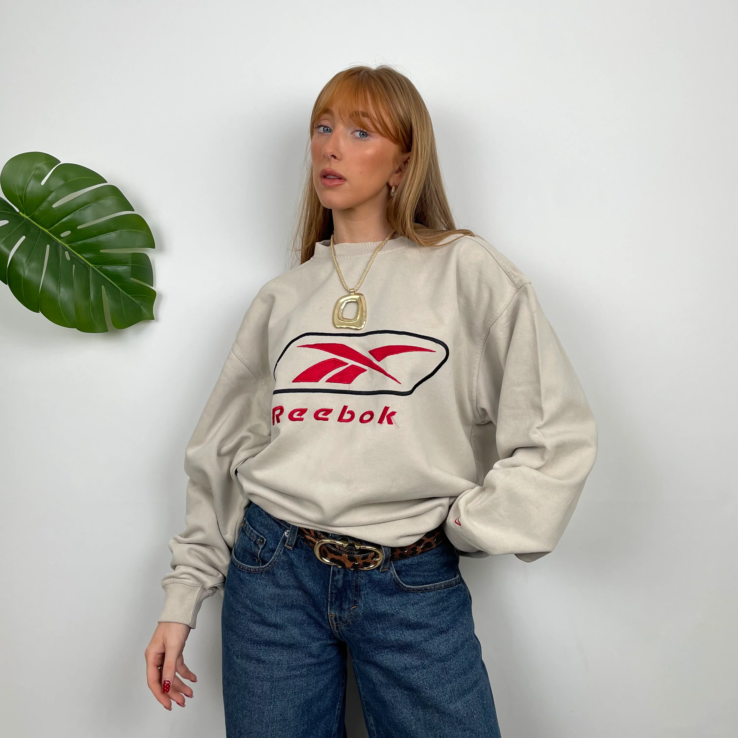 Reebok Cream Embroidered Spell Out Sweatshirt (L) - Image 3