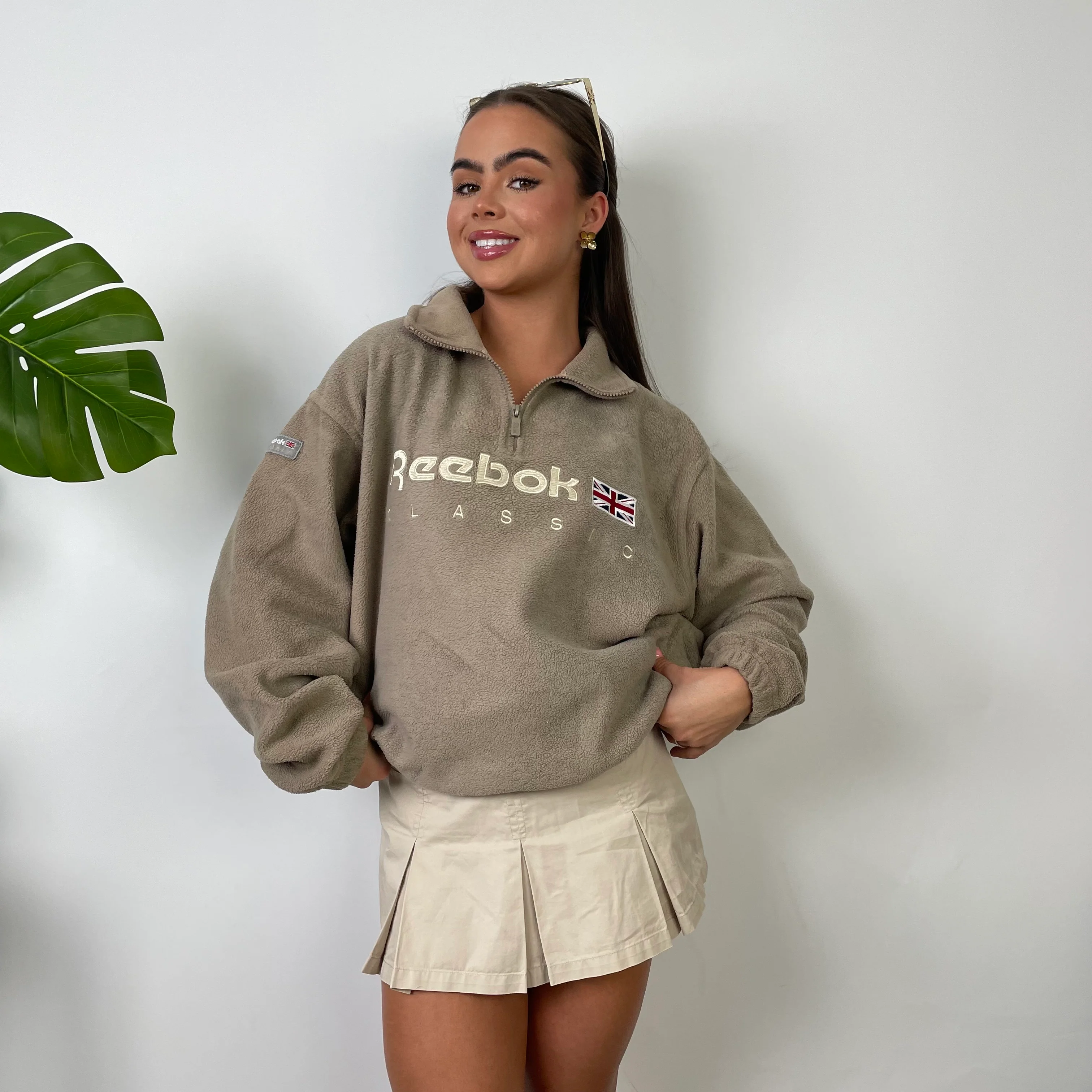 Reebok Cream Embroidered Spell Out Teddy Bear Fleece Quarter Zip Sweatshirt (M) - Image 10