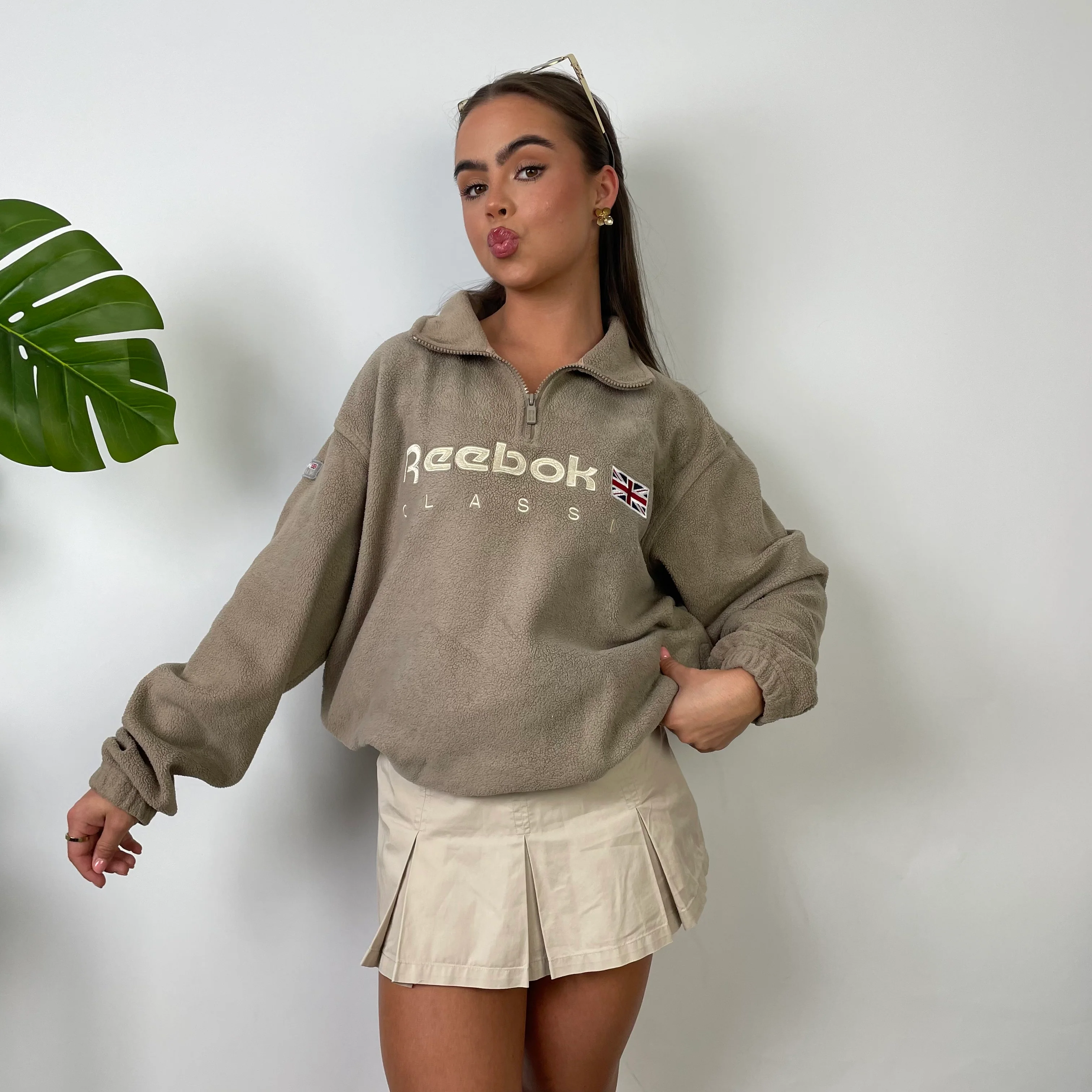Reebok Cream Embroidered Spell Out Teddy Bear Fleece Quarter Zip Sweatshirt (M) - Image 6
