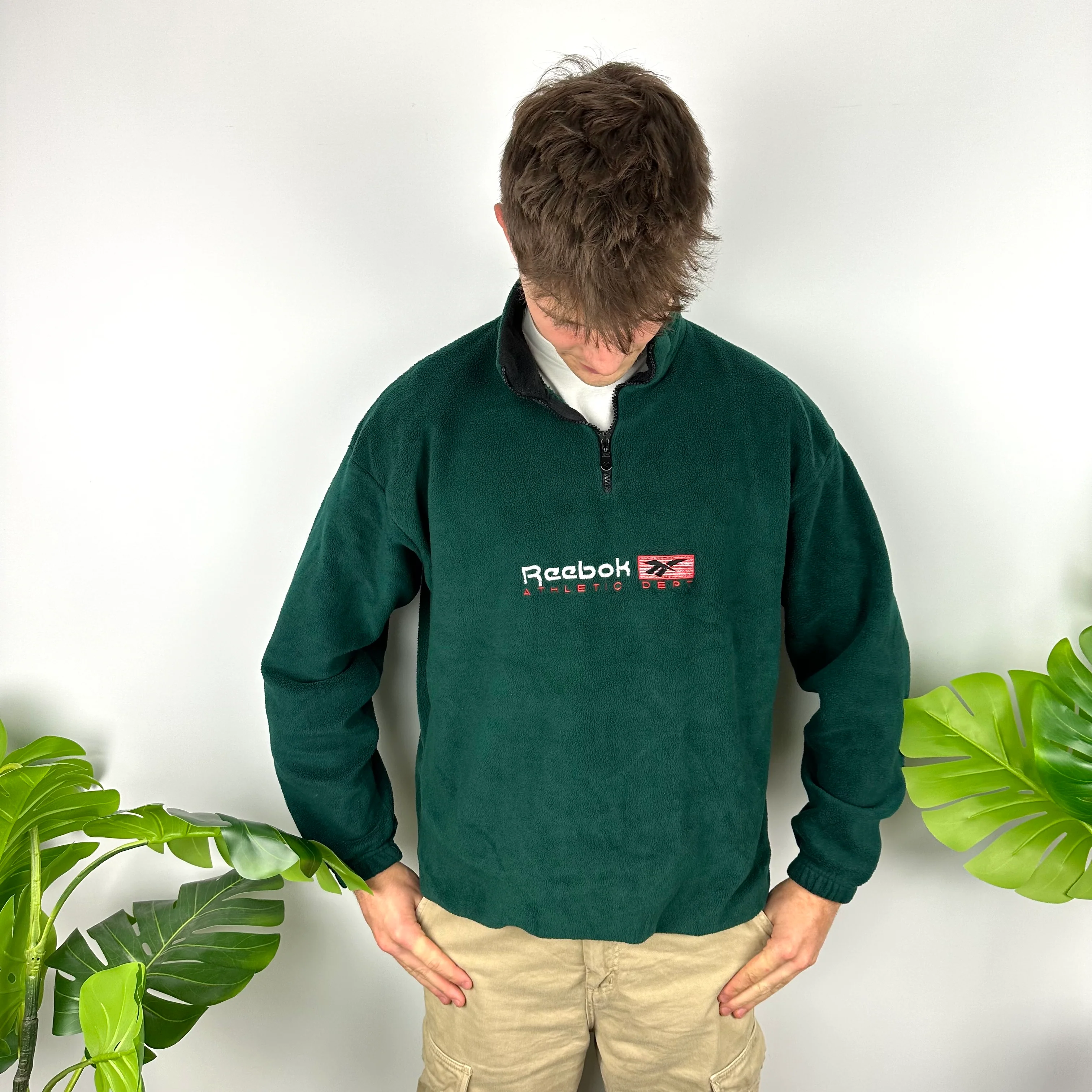 Reebok Green Embroidered Spell Out Teddy Bear Fleece Quarter Zip Sweatshirt (L) - Image 3