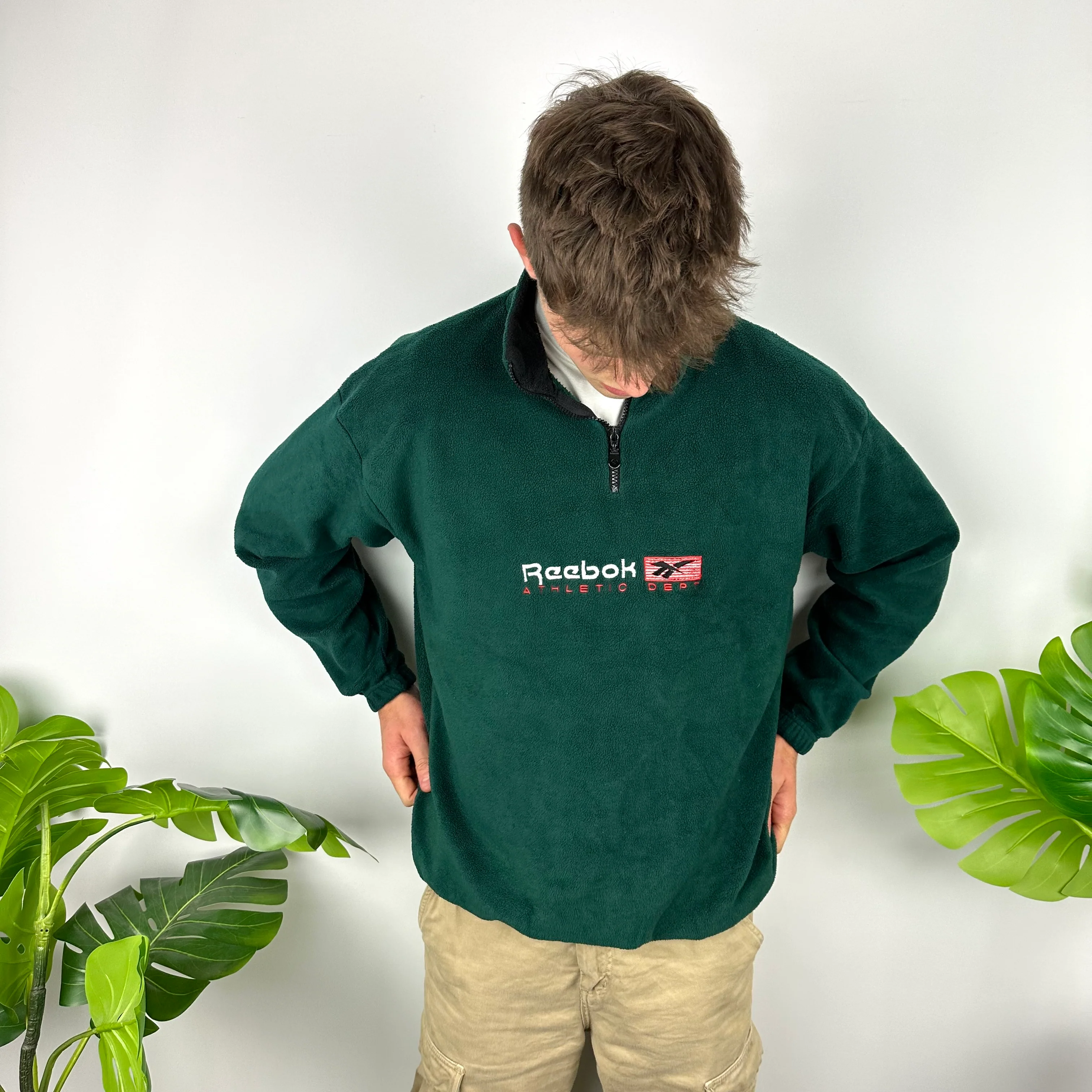 Reebok Green Embroidered Spell Out Teddy Bear Fleece Quarter Zip Sweatshirt (L) - Image 5