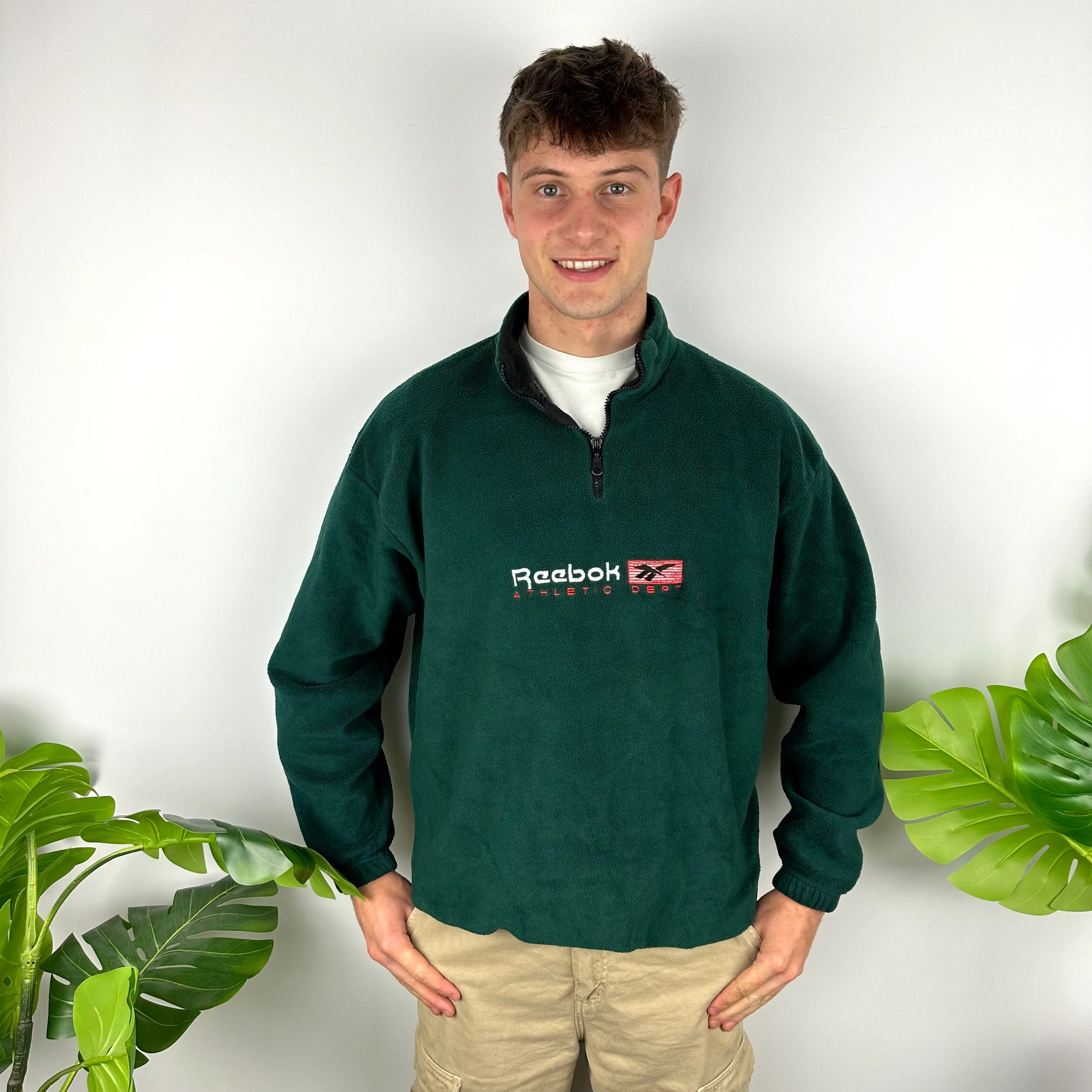 Reebok Green Embroidered Spell Out Teddy Bear Fleece Quarter Zip Sweatshirt (L) - Image 6