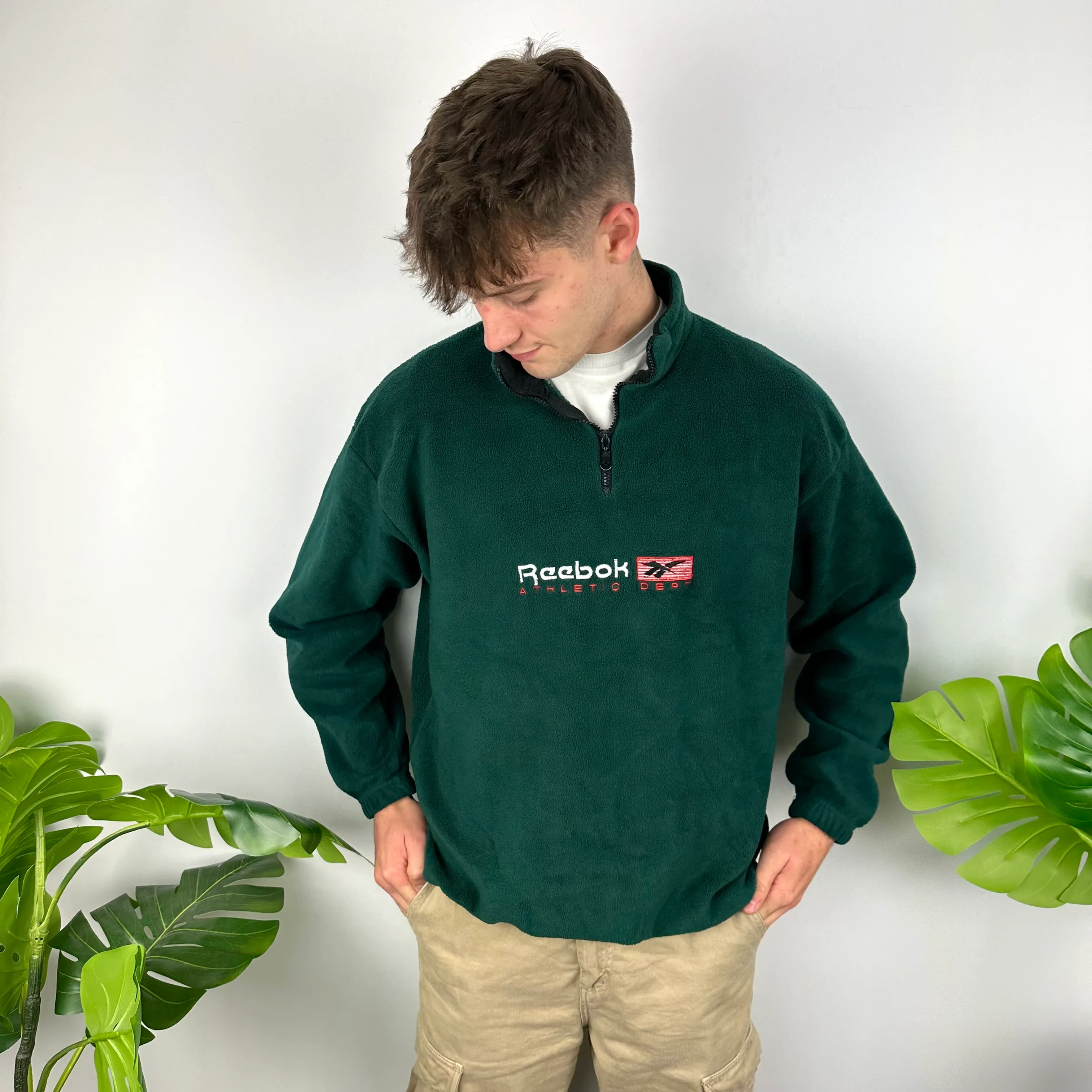 Reebok Green Embroidered Spell Out Teddy Bear Fleece Quarter Zip Sweatshirt (L) - Image 7