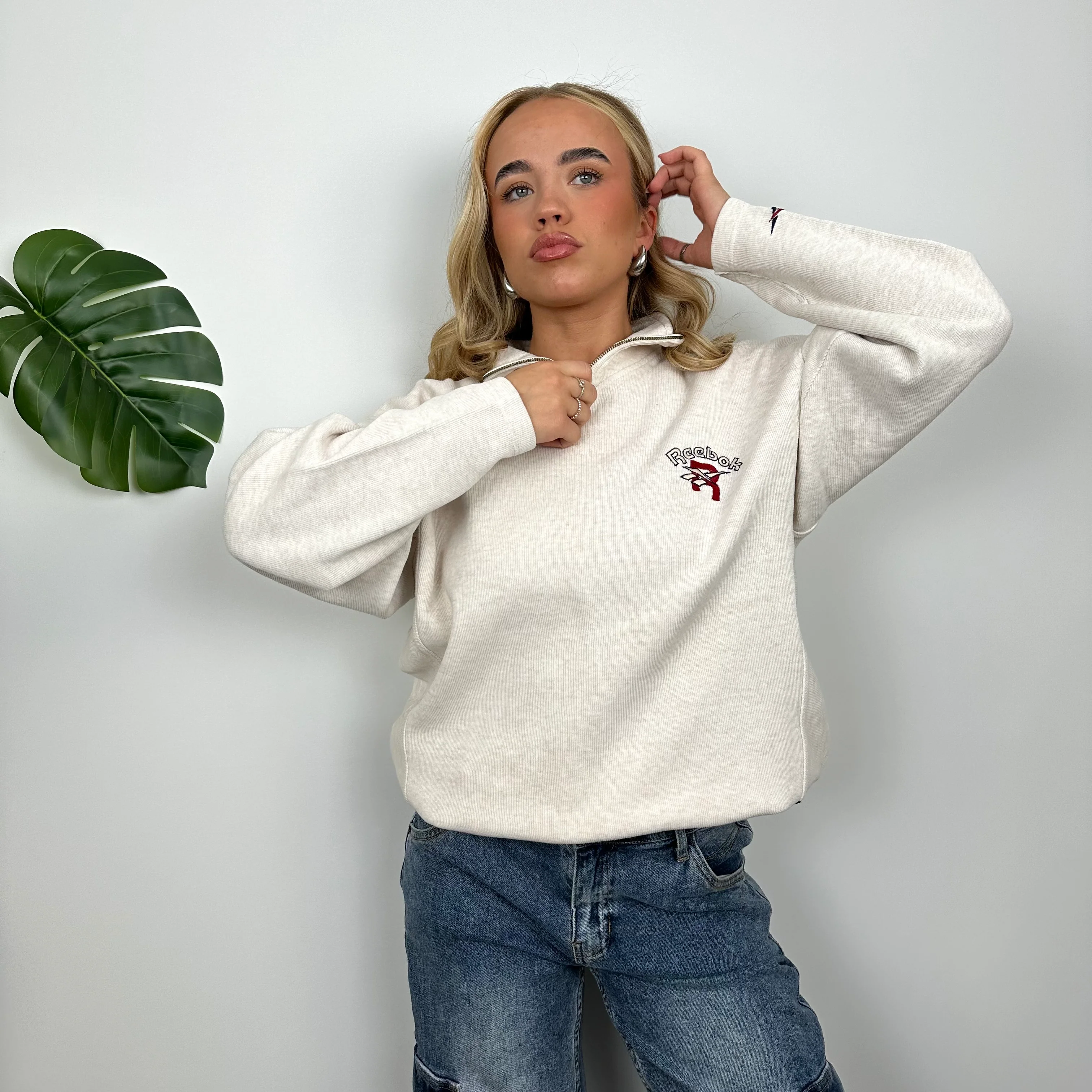 Reebok Grey Beige Embroidered Spell Out Quarter Zip Sweatshirt (S) - Image 5