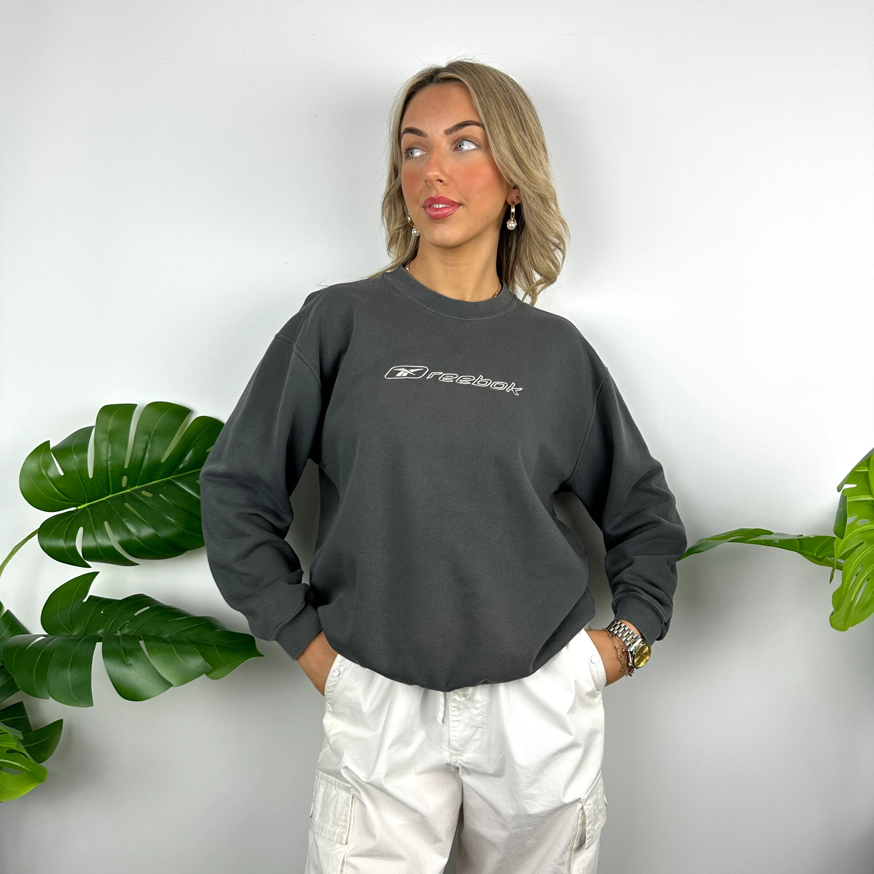 Reebok Grey Embroidered Spell Out Sweatshirt (S) - Image 2