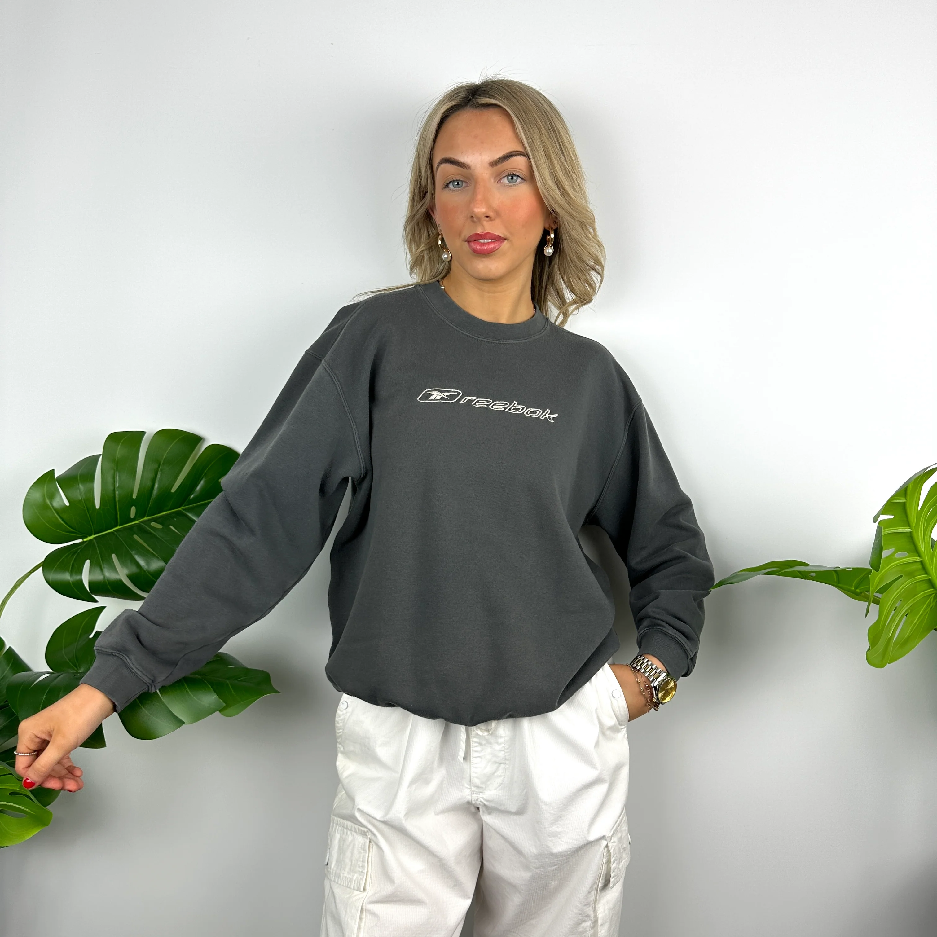 Reebok Grey Embroidered Spell Out Sweatshirt (S) - Image 3